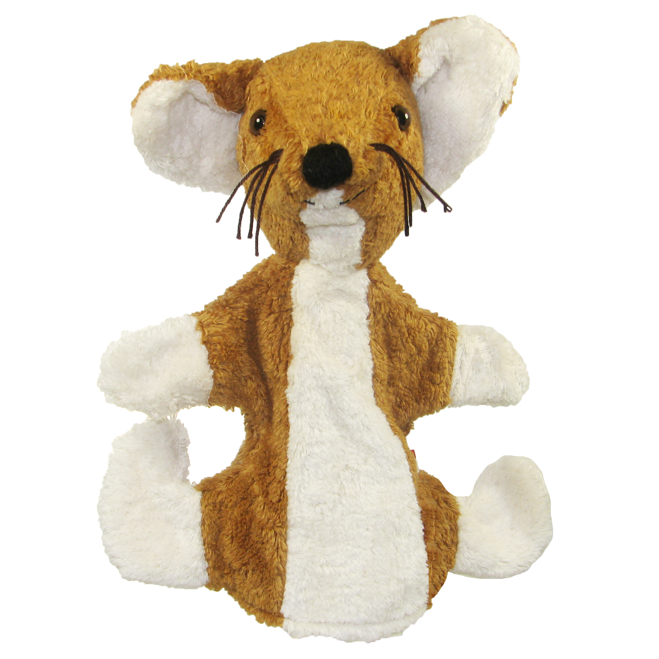 Kallisto Handpuppe Fuchs Frontansicht, orangebraune Handpuppe aus Naturmaterial mit weißem Bauch und buschigem Schwanz
