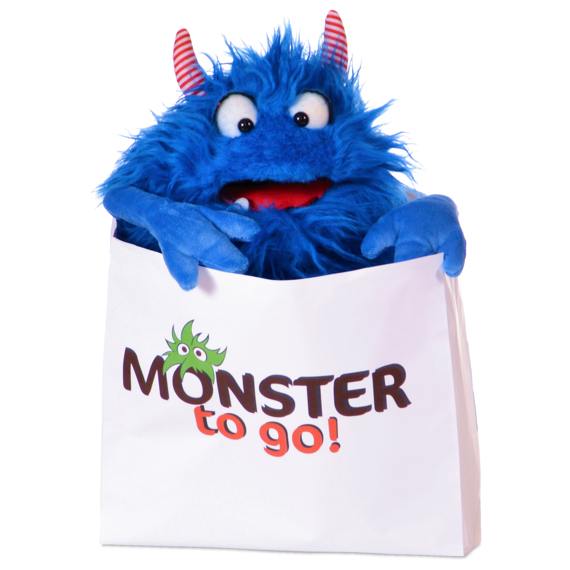 Living Puppets Handpuppe Schmackes, blaues Zottelmonster mit gestreiften Hörnern, schaut aus der Monster-to-go-Tüte