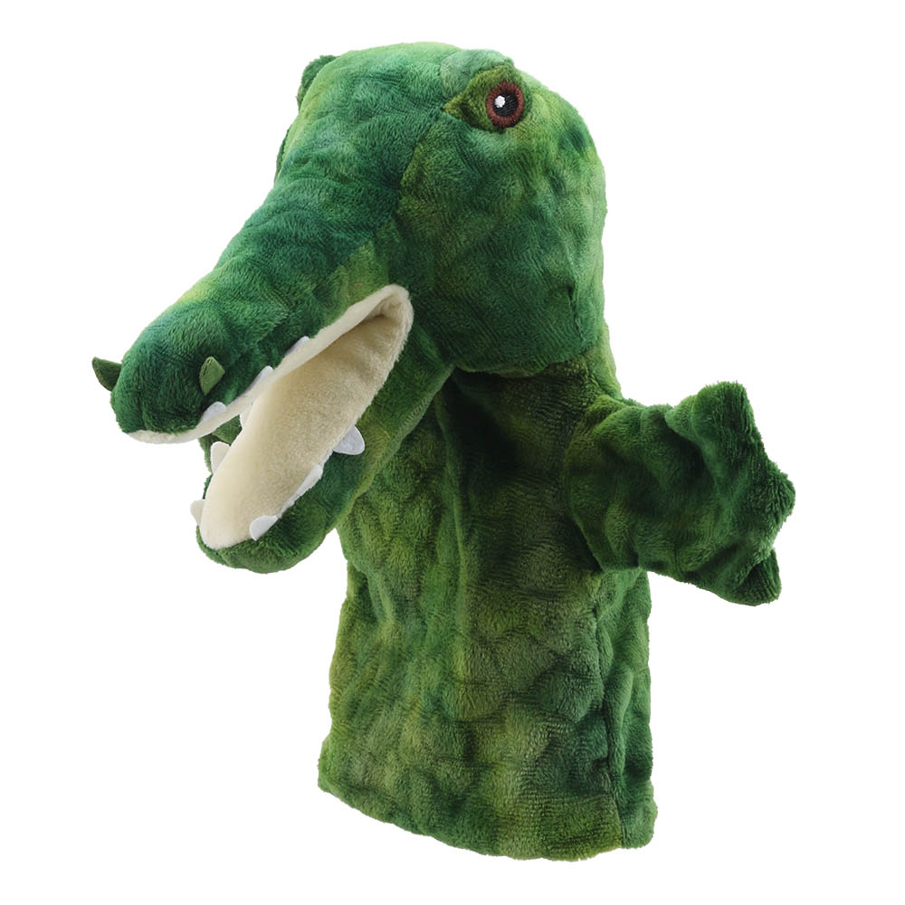 The Puppet Company Handpuppe Krokodil, grüne Handpuppe mit geöffnetem Maul und spitzen Zähnen, Nahaufnahme