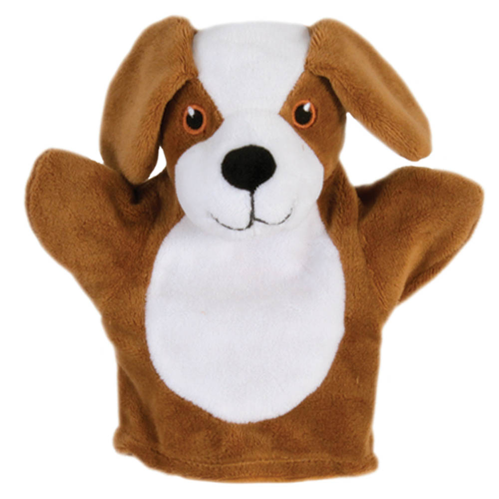 The Puppet Company baby hand puppet dog, brown and white puppet with floppy ears