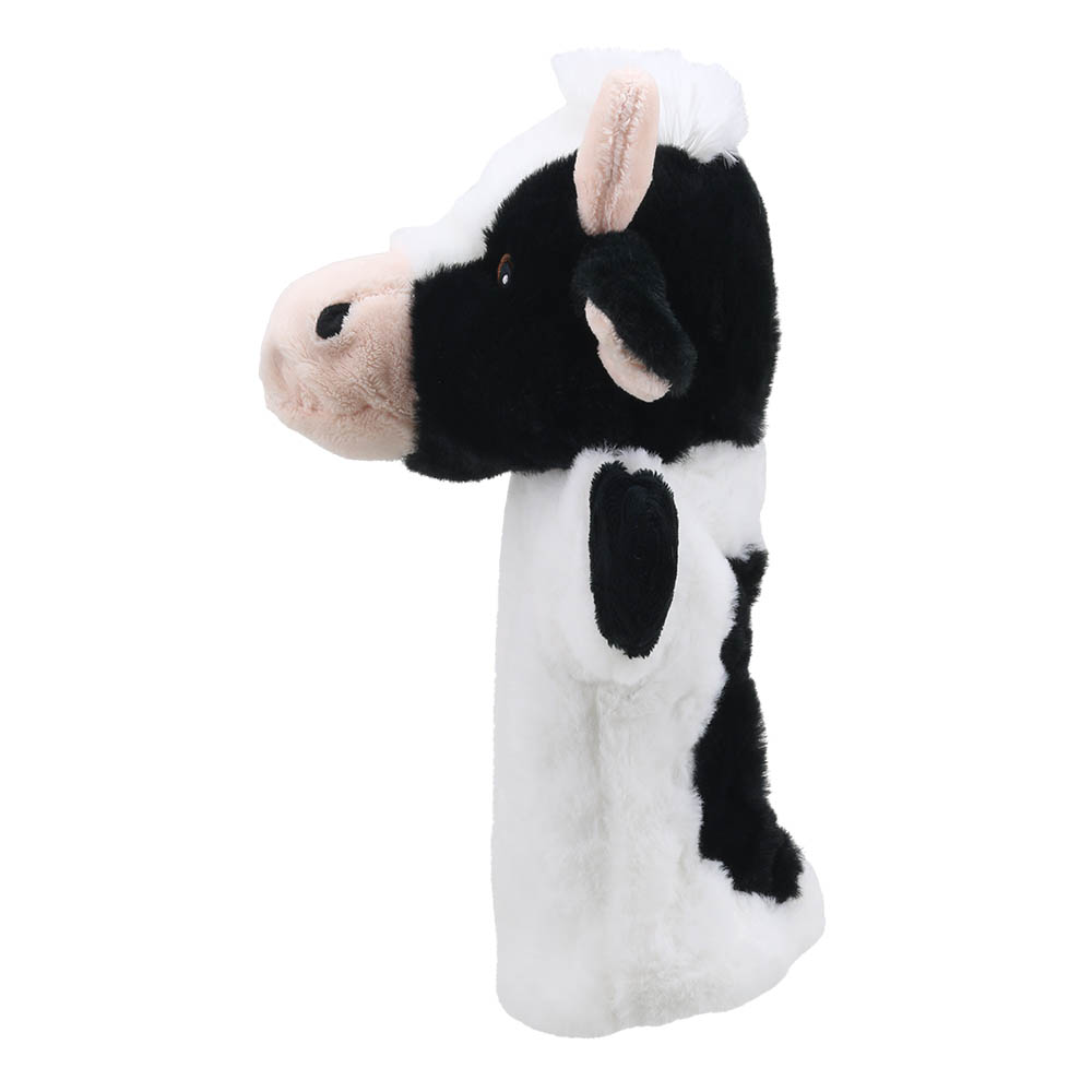 The Puppet Company baby hand puppet cow, black and white cow with a pink nose, side view