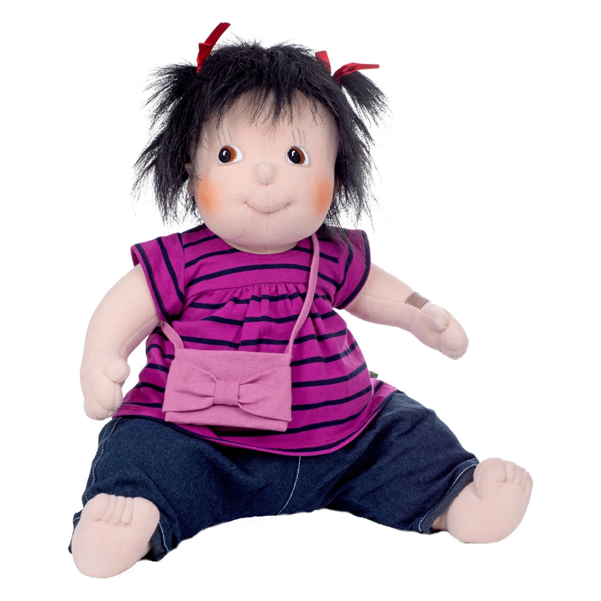 Rubens Barn Original doll Meiya with black pigtails, purple shirt, jeans and pink bag