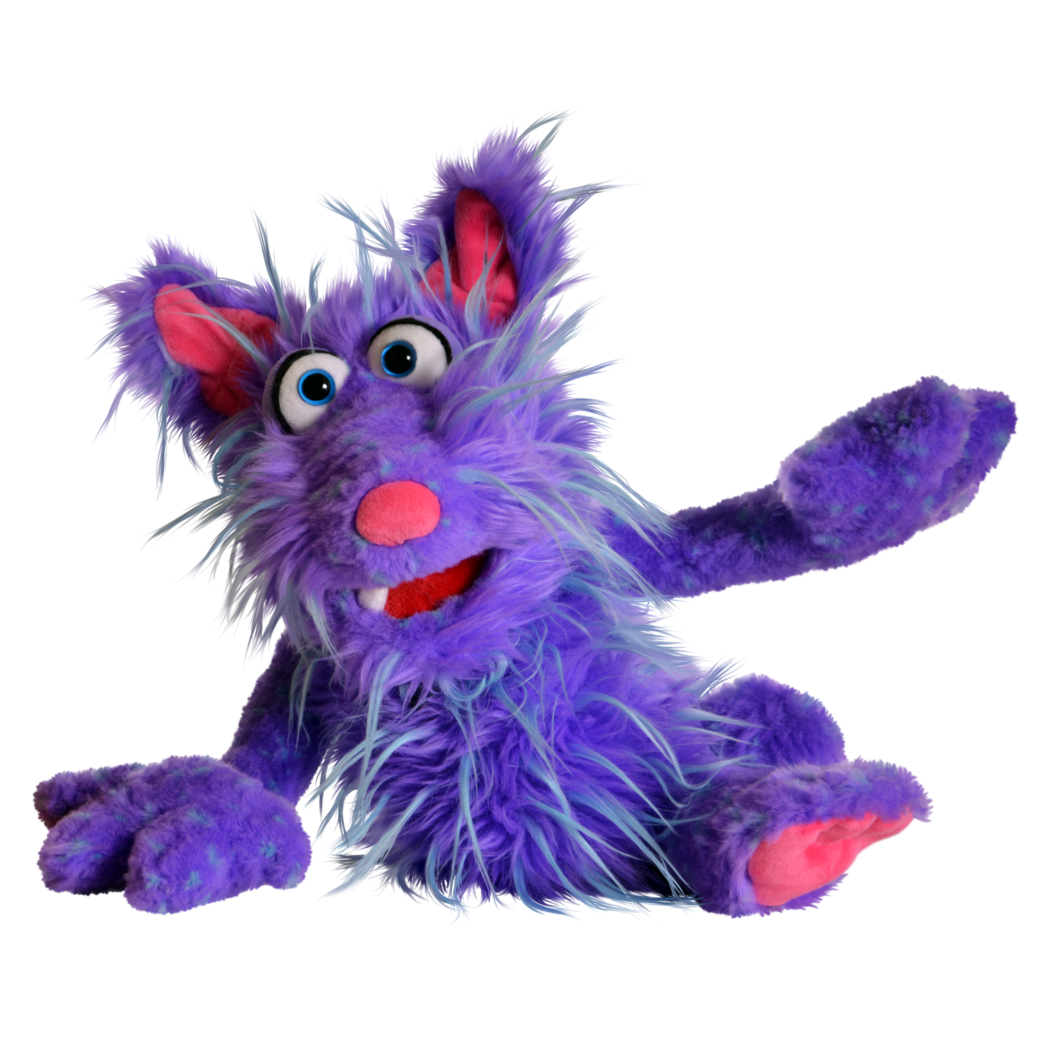 Living Puppets hand puppet Tofu, purple shaggy monster with pink ears, sitting with one arm outstretched, side view