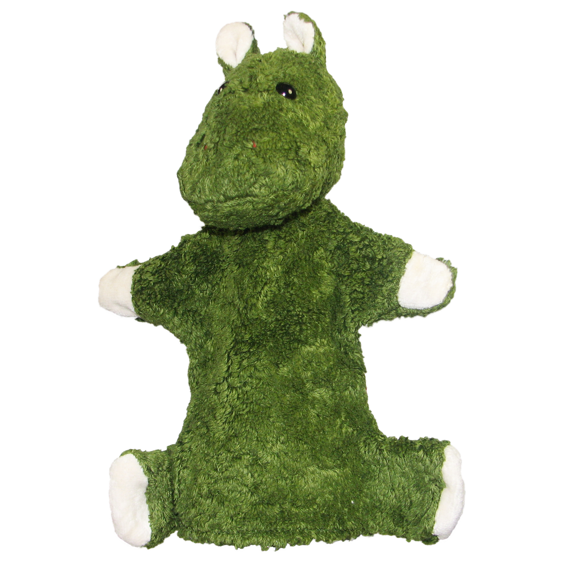 Kallisto Handpuppe Nilpferd grün Frontansicht, grüne Handpuppe aus Naturmaterial mit cremefarbenen Pfoten und Ohren