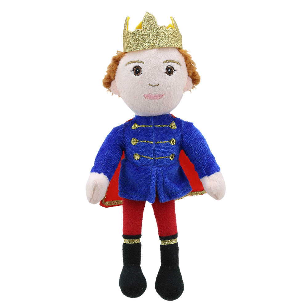 The Puppet Company finger puppet prince, puppet with a gold crown, blue jacket and red cape