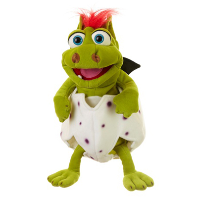 Living Puppets Handpuppe Drache Gregor: grüner Drache mit rotem Schopf im gepunkteten Ei