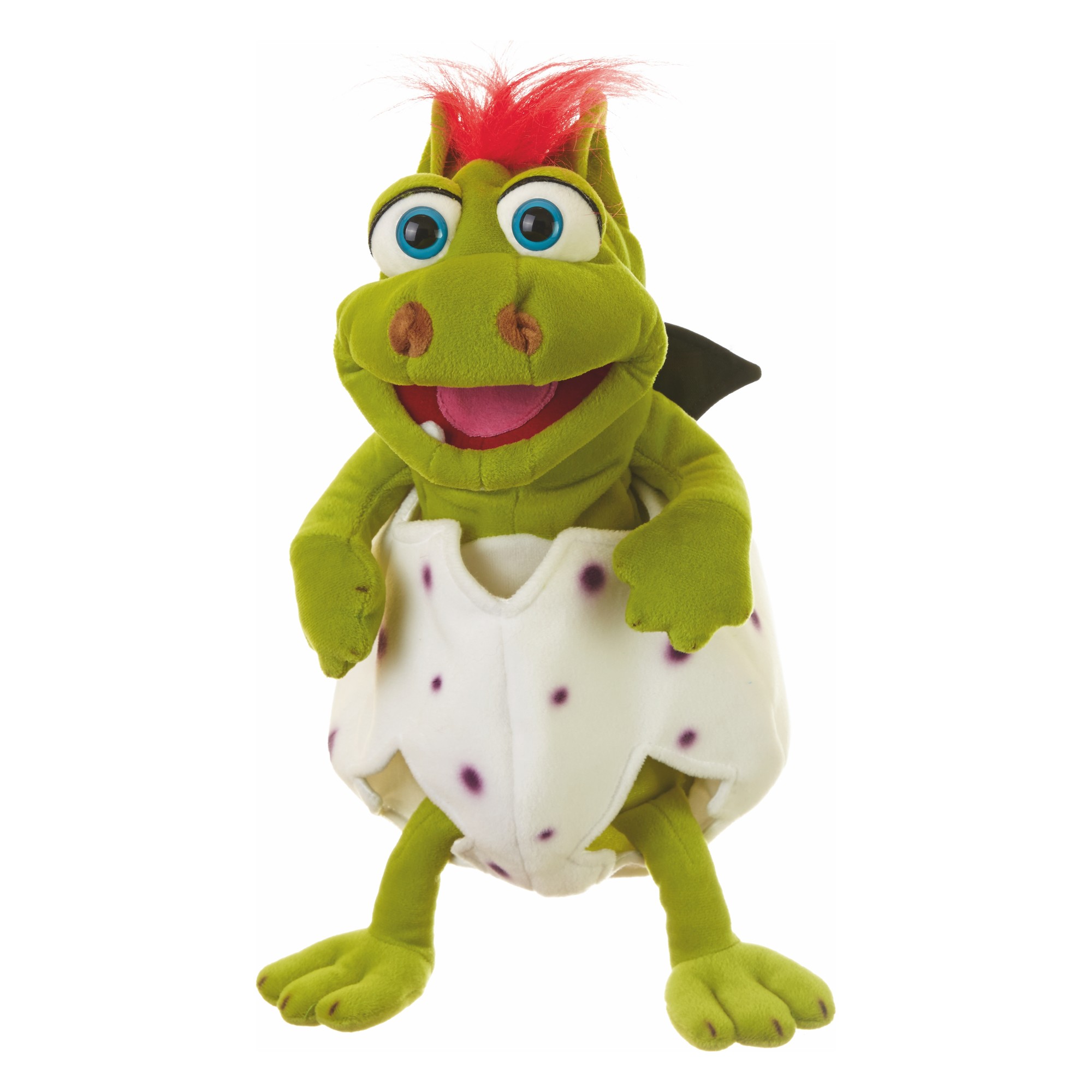 Living Puppets Handpuppe Drache Gregor: grüner Drache mit rotem Schopf im gepunkteten Ei