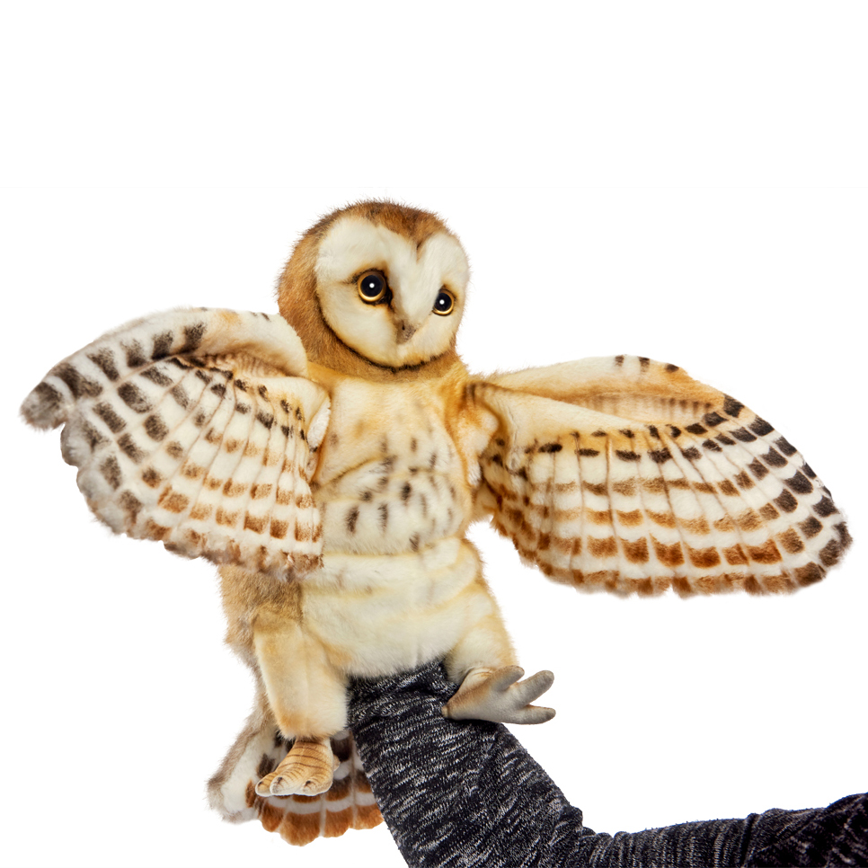 Schleiereule Handpuppe von Hansa Creation mit herzförmigem Gesichtsschleier und gefleckten ausgebreiteten Flügeln