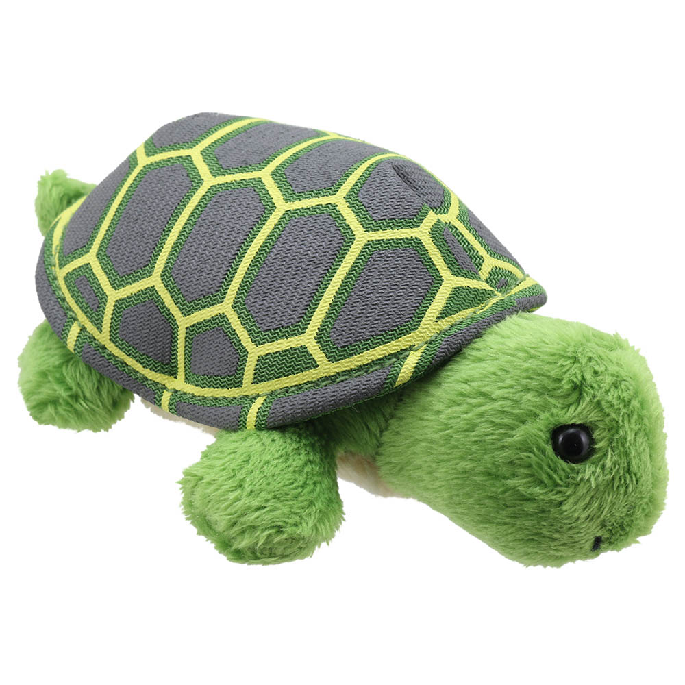 The Puppet Company finger puppet turtle, grey shell with a yellow-green pattern, top view