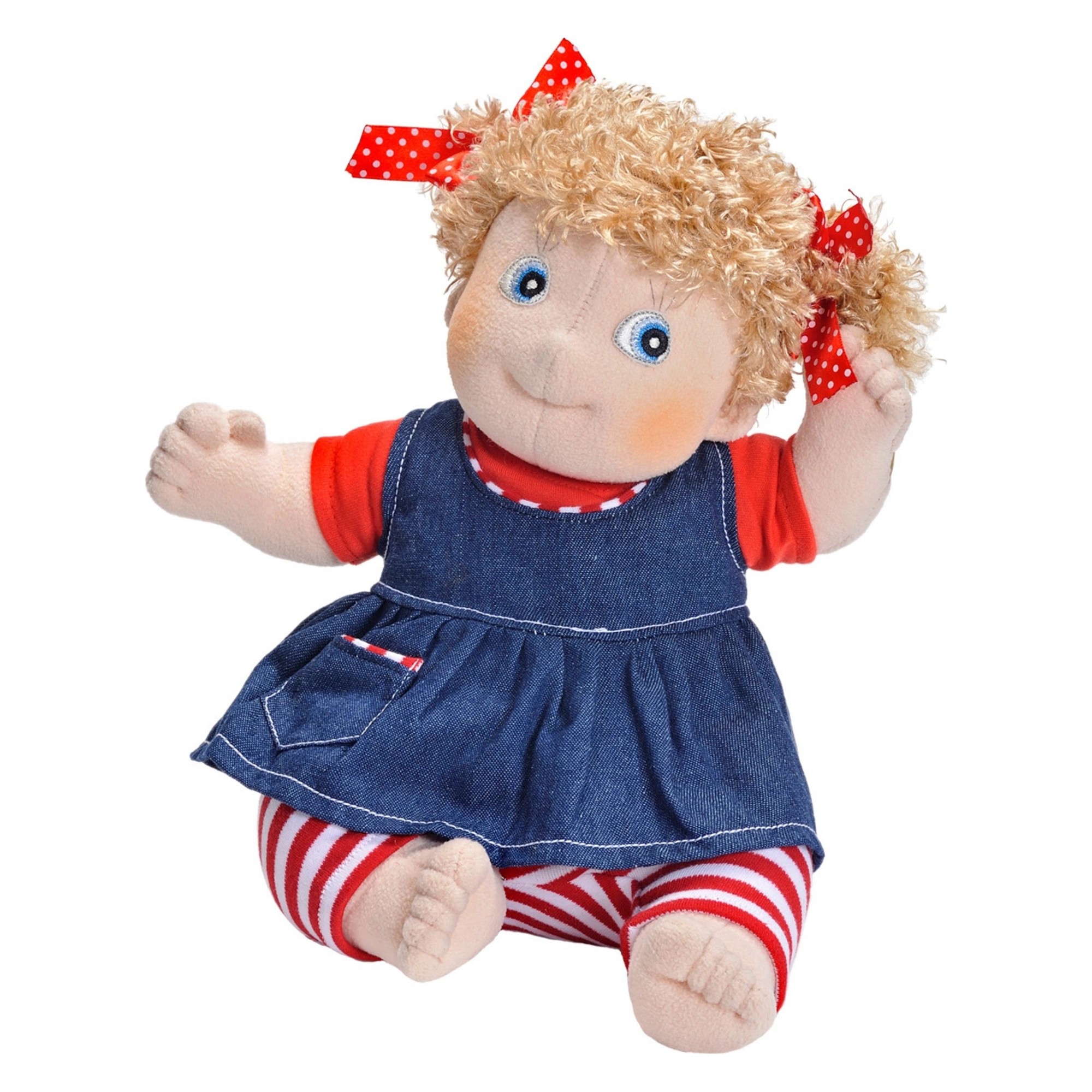 Rubens Kids Puppe Olivia mit roten Haarschleifen, Jeanskleid und rot geringelten Leggings