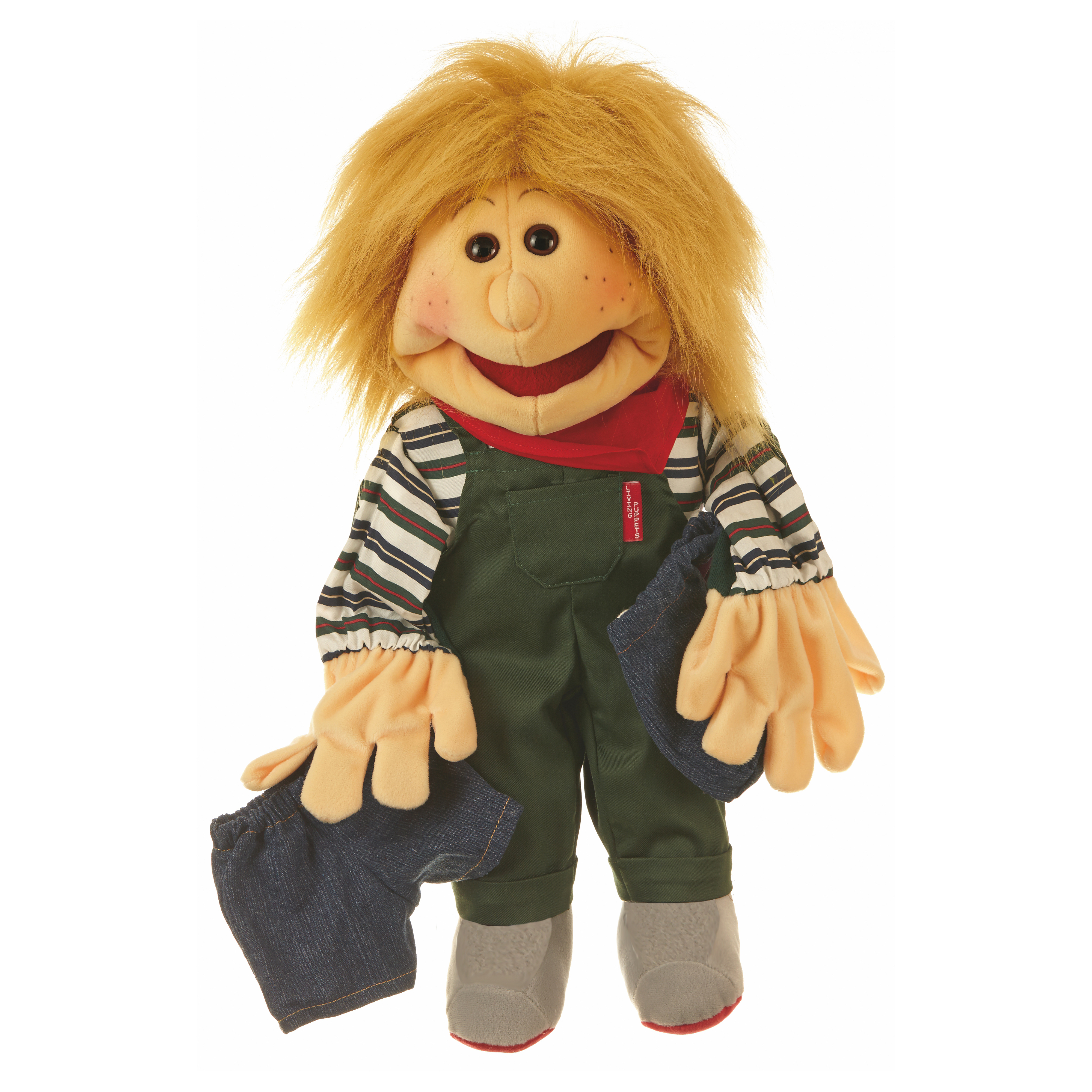 Living Puppets Handpuppe Kleiner Pelle mit strubbeligen blonden Haaren, grüner Latzhose, gestreiftem Shirt und rotem Halstuch