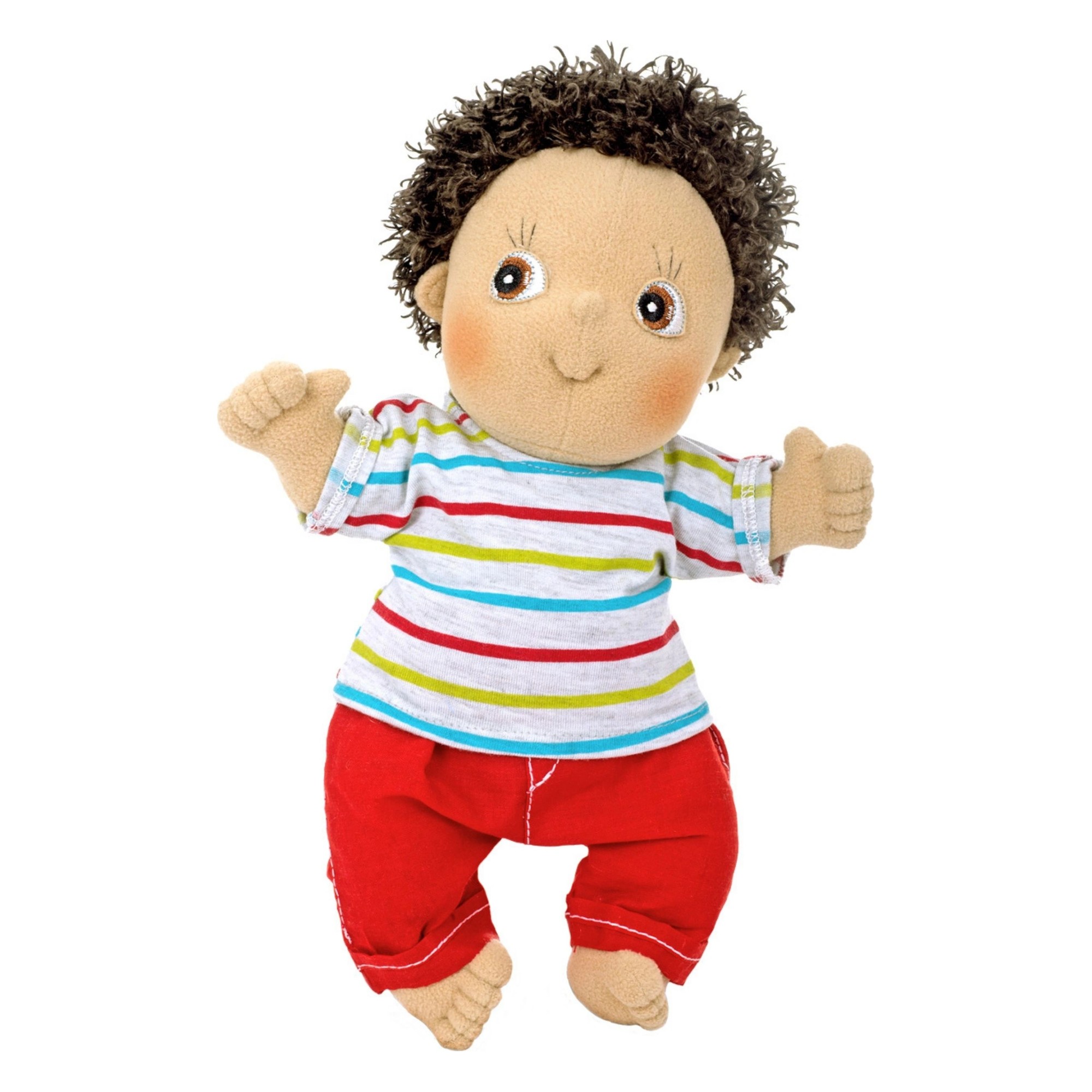Rubens Cutie Puppe Charlie mit dunklen Locken, buntem Streifenshirt und roter Hose