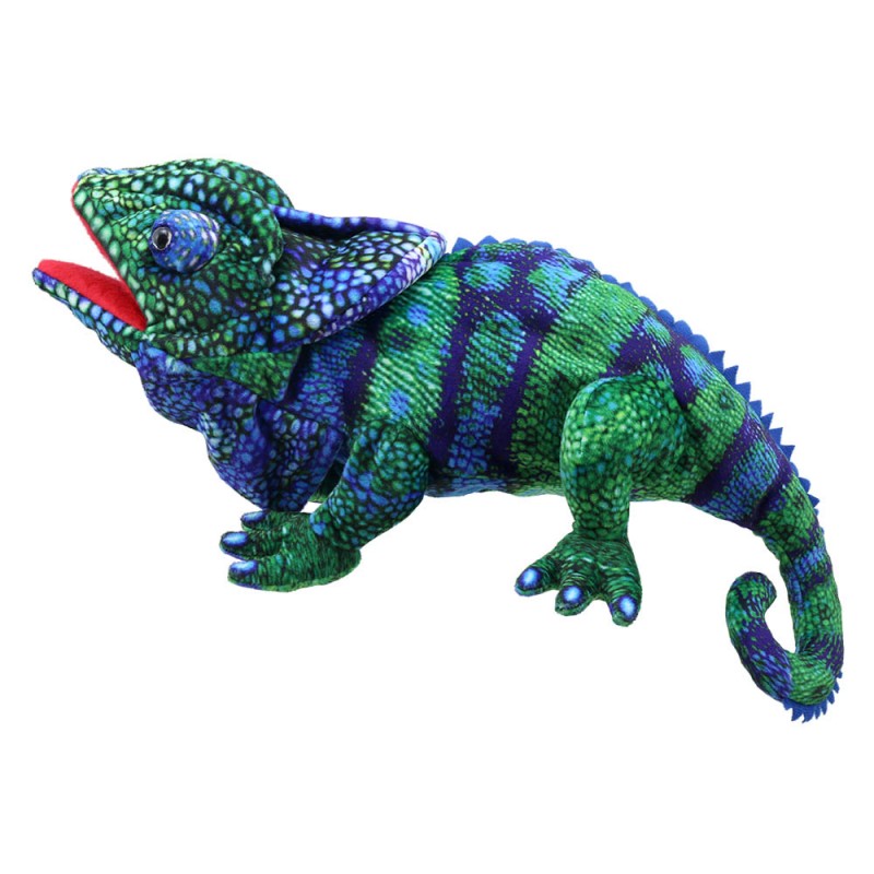 The Puppet Company hand puppet chameleon blue-green, blue and green patterned chameleon with a red open mouth