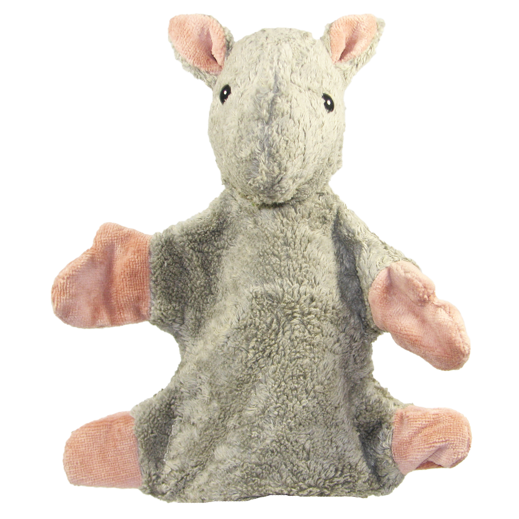 Kallisto Handpuppe Nashorn Frontansicht, graugrüne Handpuppe aus Naturmaterial mit rosa Pfoten und aufrechten Ohren
