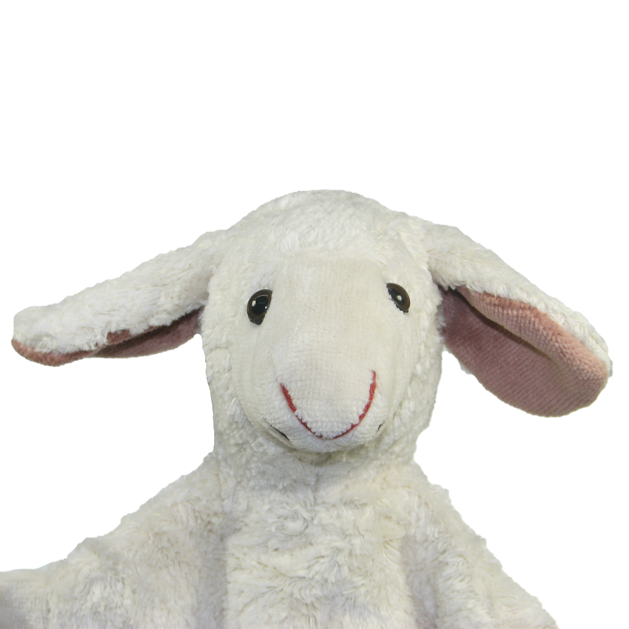 Kallisto Handpuppe Schaf, Porträt mit gesticktem Lächeln, rosa Ohrinnenseiten und cremeweißer Wolle