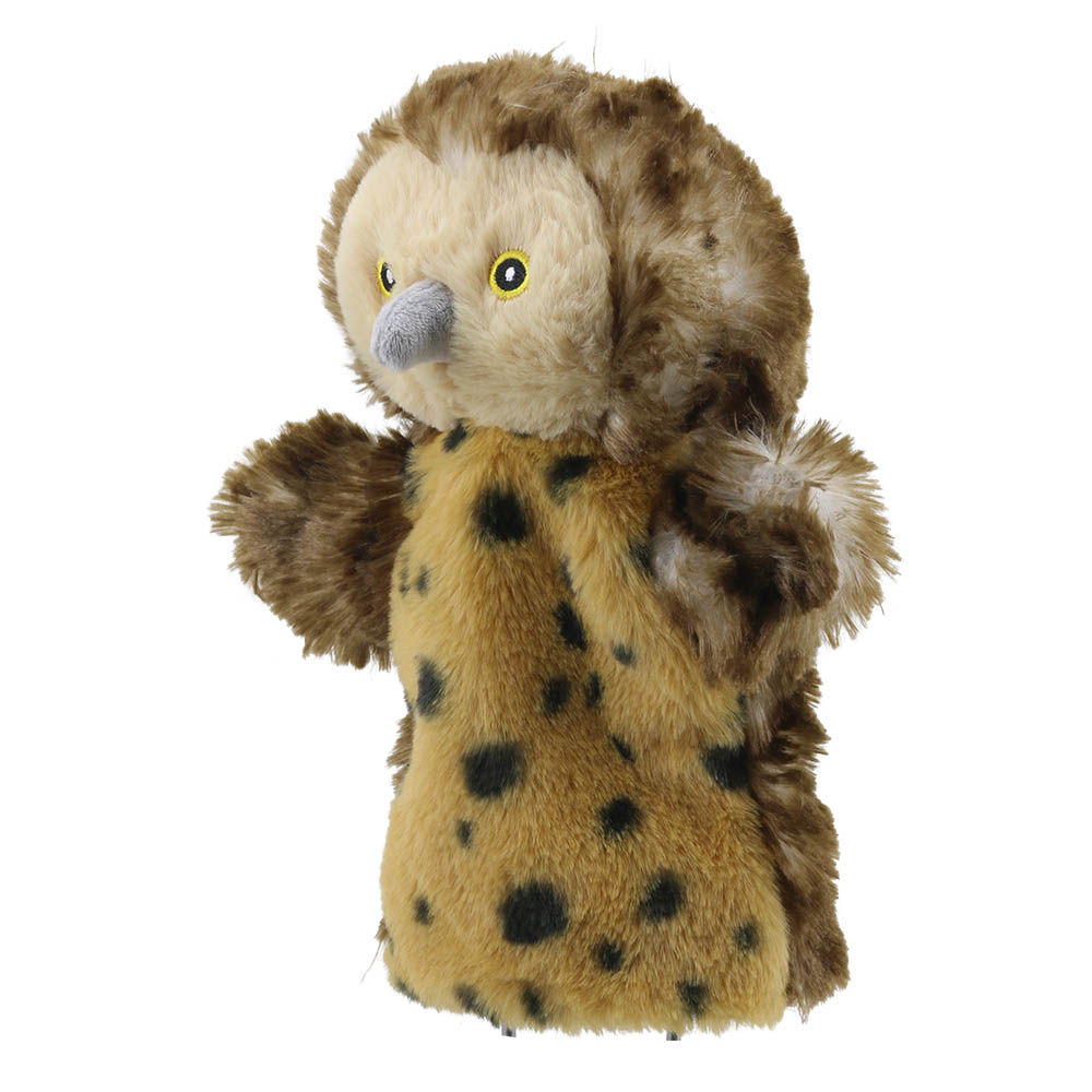 The Puppet Company Baby-Handpuppe Eule, Frontansicht mit ausgebreiteten Flügeln und gepunktetem Federkleid