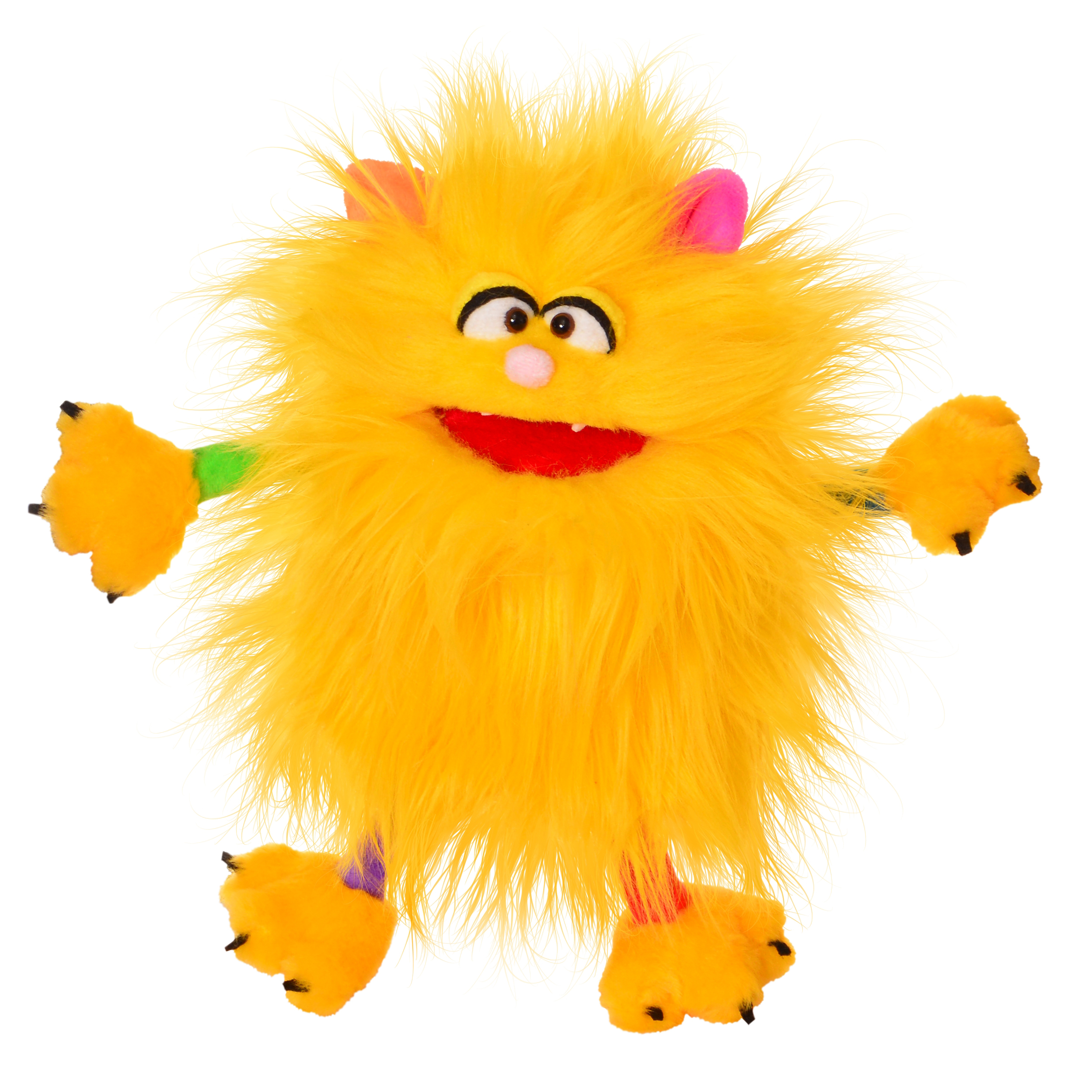 Living Puppets Handpuppe Klein Schickimicki, gelbes Zottelmonster mit pinken Ohren und geöffnetem rotem Mund, Frontalansicht