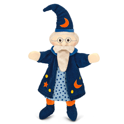 Sterntaler baby hand puppet wizard, navy pointed hat with a moon embroidery, a white beard and a starry robe