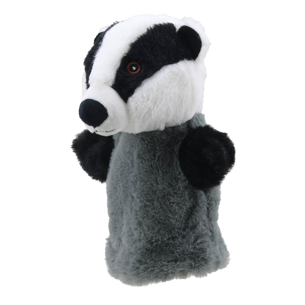 The Puppet Company Handpuppe Dachs, Seitenansicht mit schwarz-weißer Kopfzeichnung