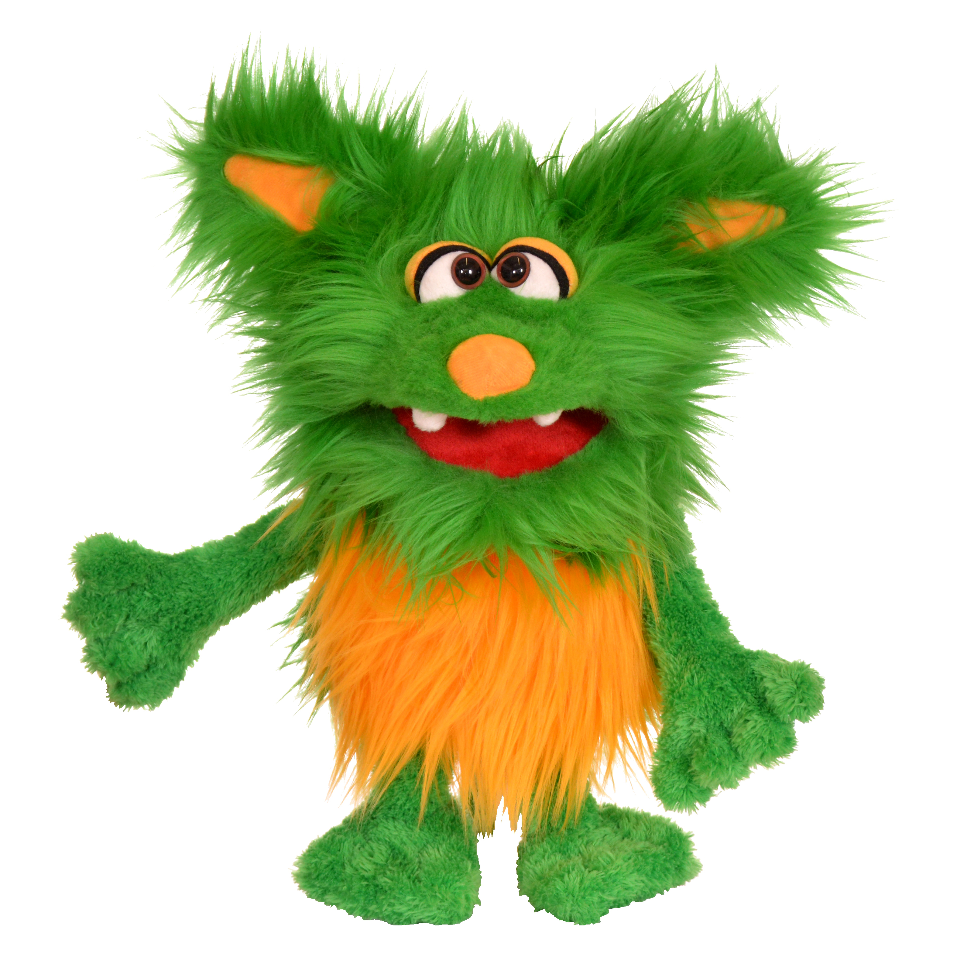 Living Puppets Handpuppe Schotter aus der Serie Monster to go, grünes Zottelmonster mit orangefarbenem Bauchfell und Ohren, Arm ausgestreckt