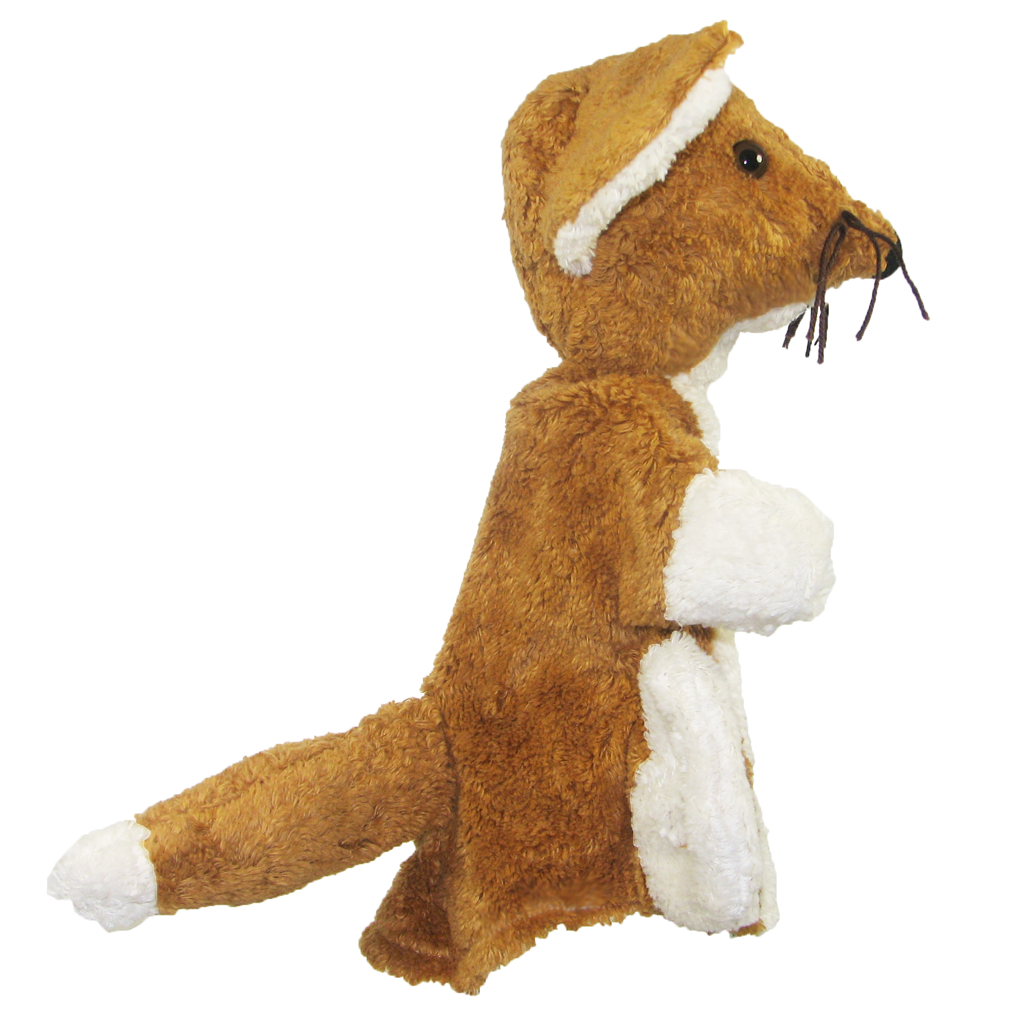 Kallisto Handpuppe Fuchs Seitenansicht, orangebraune Handpuppe aus Naturmaterial mit weißer Schwanzspitze und spitzer Schnauze