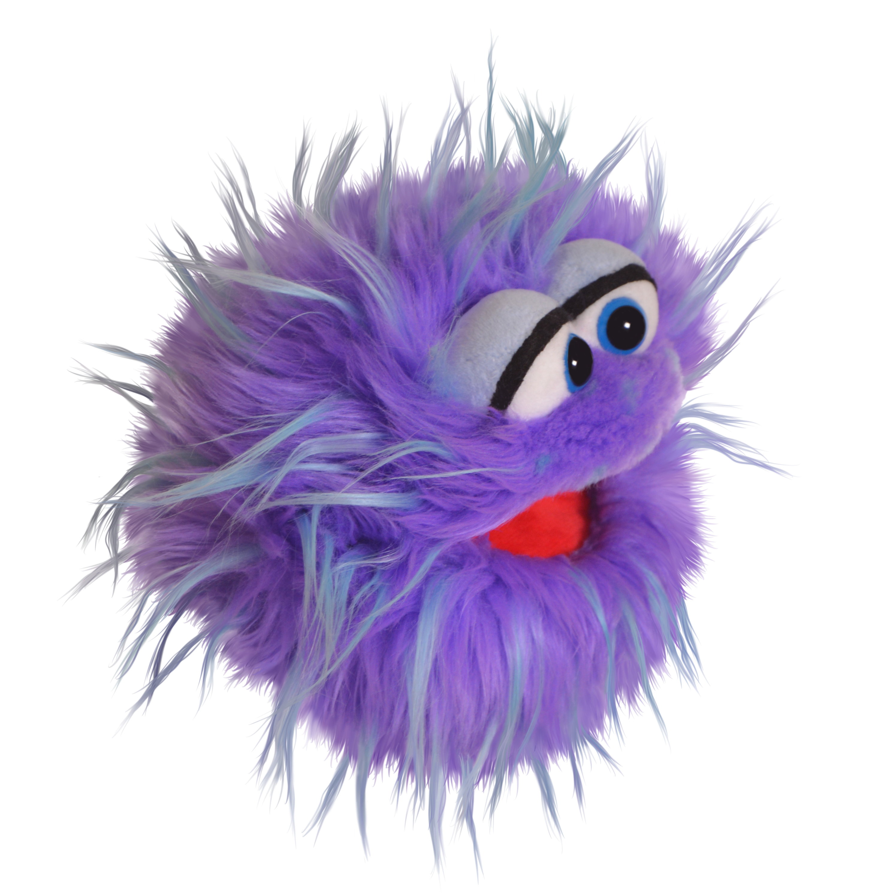 Living Puppets Handpuppe Tusch, lila Zottelmonster mit hellblauen Strähnen, halb geschlossenen Augen und geöffnetem rotem Mund