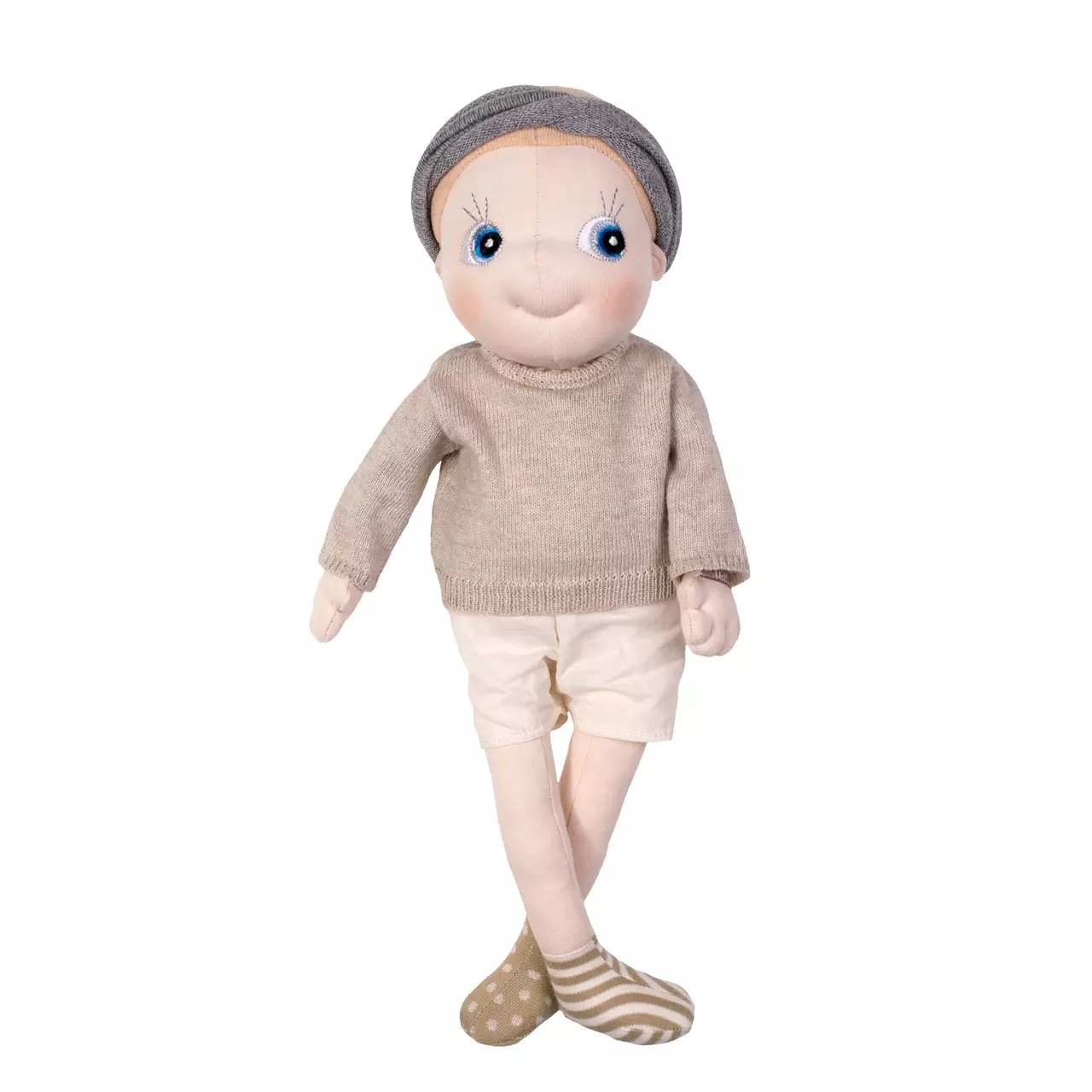 Rubens EcoBuds Puppe im beigen Winterpullover mit grauer Strickmütze