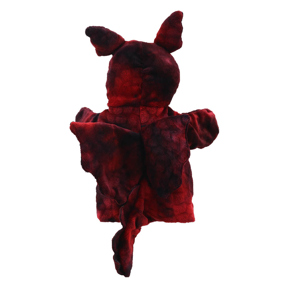 The Puppet Company baby hand puppet red dragon, red-black dragon with folded wings, back view
