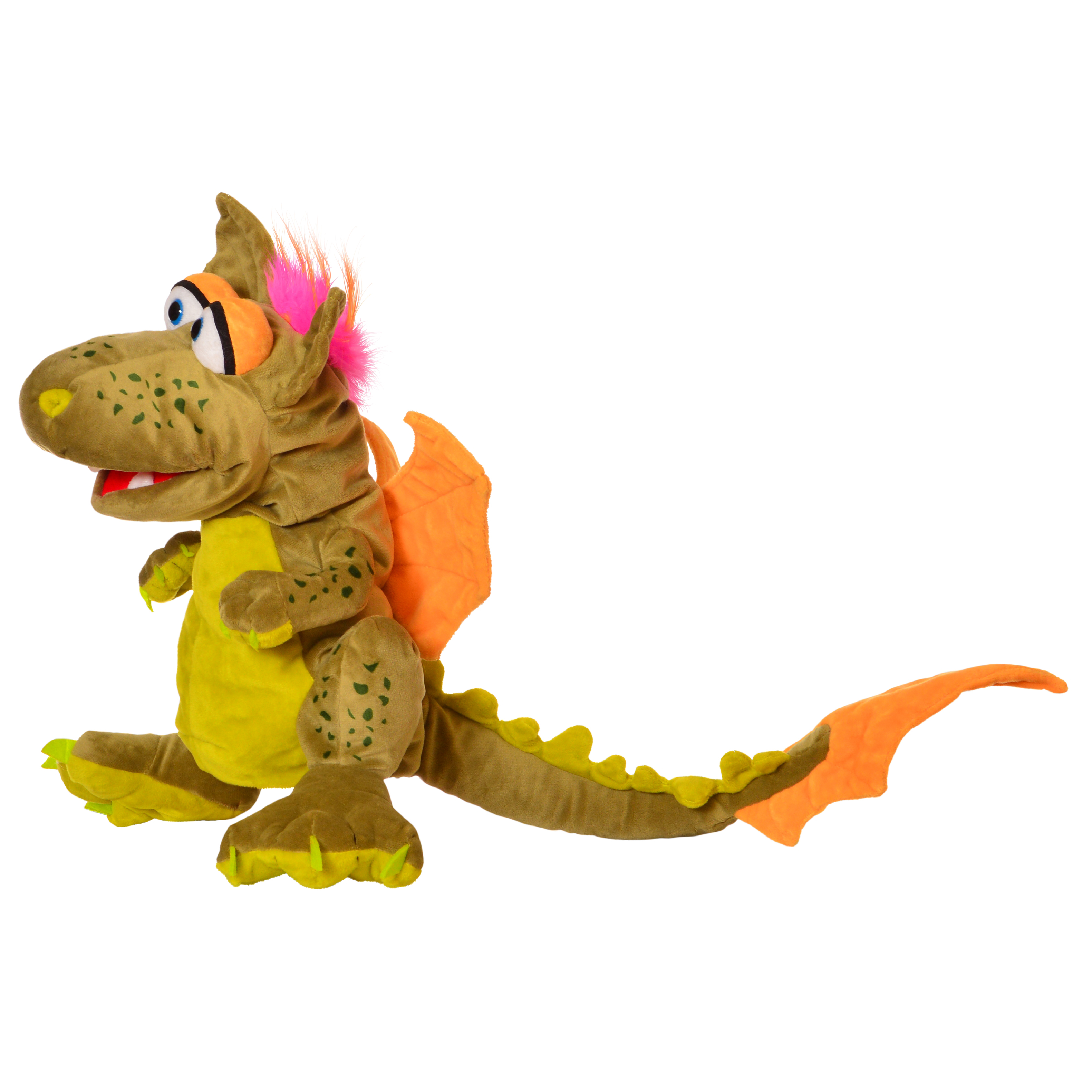 Living Puppets Handpuppe Rocco der Drache mit olivgrünem Fell, orangefarbenen Flügeln und langem Schwanz mit Zacken, Seitenansicht
