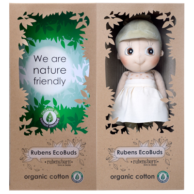 Verpackung der Rubens EcoBuds Puppe Iris aus Bio-Baumwolle im Naturkarton
