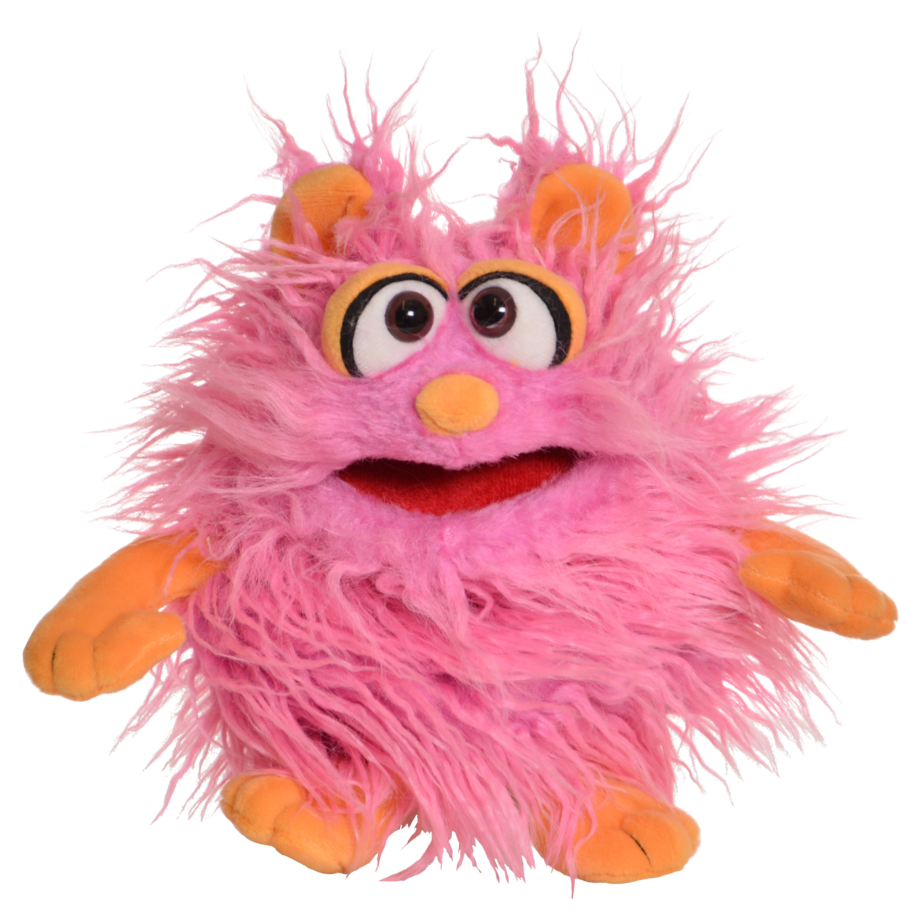 Living Puppets Handpuppe Tröte aus der Serie Monster to go, pinkes Zottelmonster mit orangefarbenen Ohren, Händen und Füßen, Frontansicht