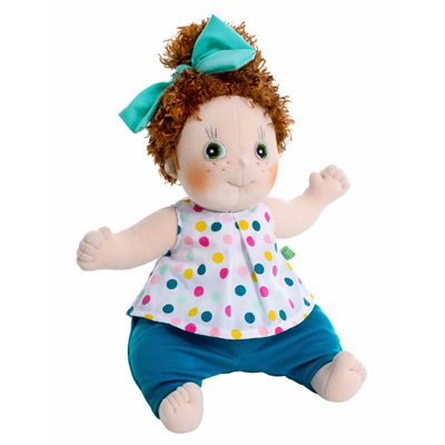 Rubens Kids doll Cicci with turquoise hair bow, dotted top and teal trousers