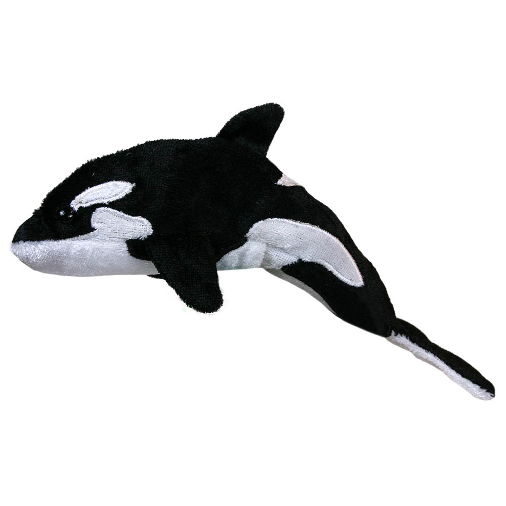 The Puppet Company finger puppet orca, black and white killer whale puppet with a dorsal fin