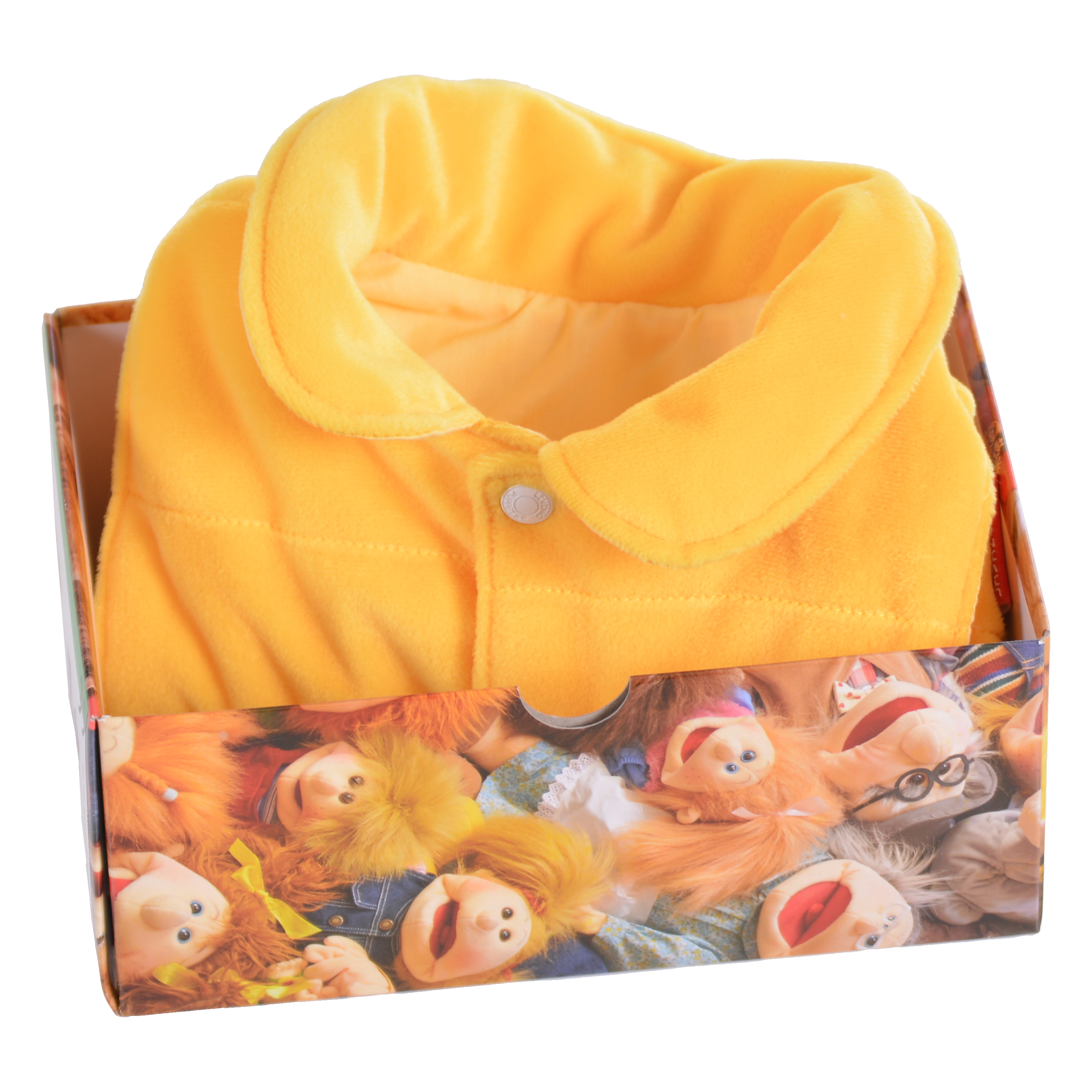 Gelbe Weste für Living Puppets Handpuppen, präsentiert in einer Geschenkbox mit Handpuppen-Motiven, Detailansicht