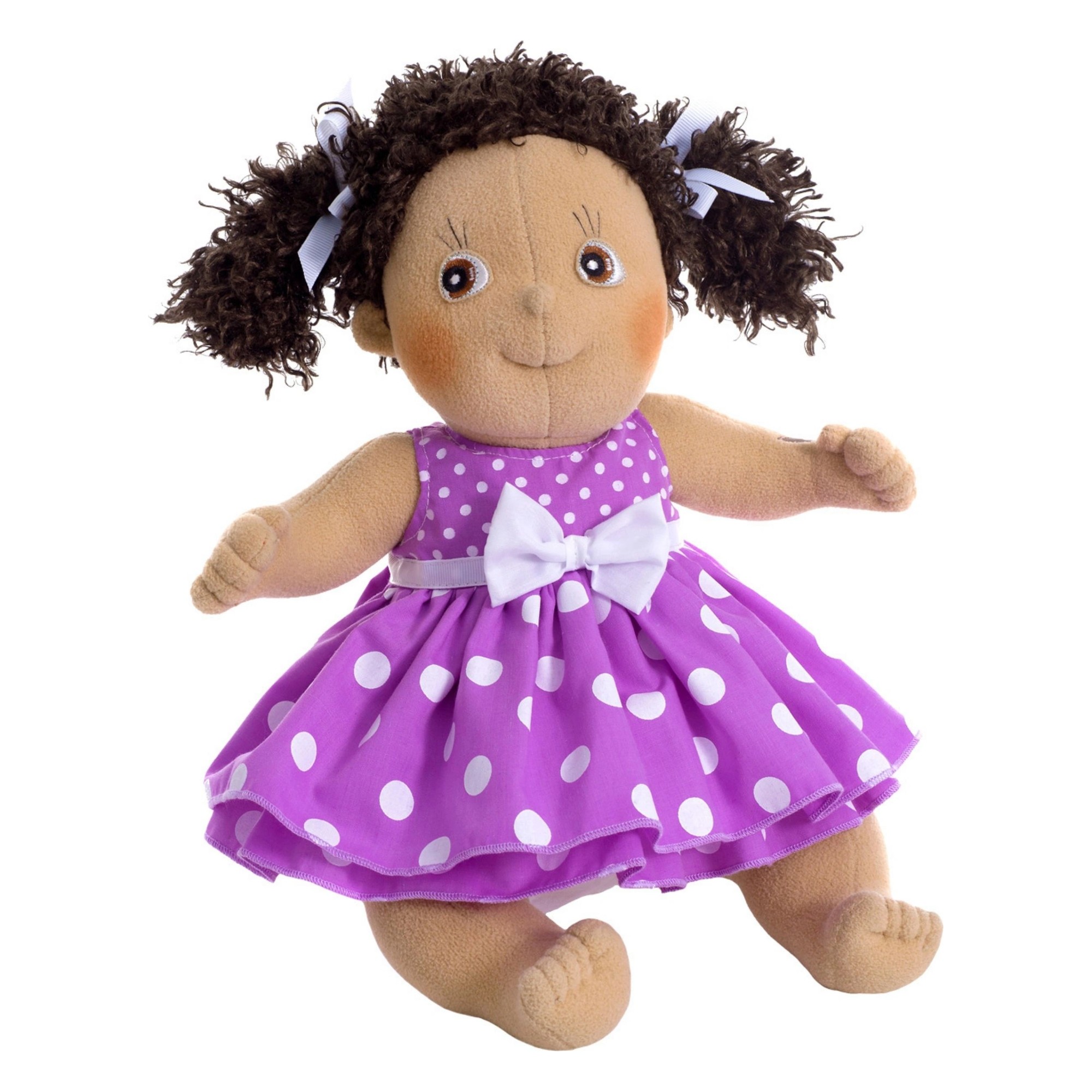 Rubens Kids Puppe Clara mit dunklen Löckchen und lila Punktekleid mit weißer Schleife