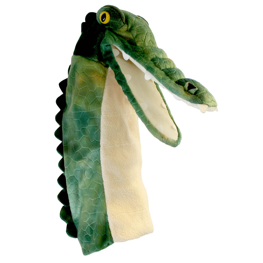 The Puppet Company Baby-Handpuppe Krokodil, grüne Krokodil-Handpuppe mit weit geöffnetem Maul, Seitenansicht