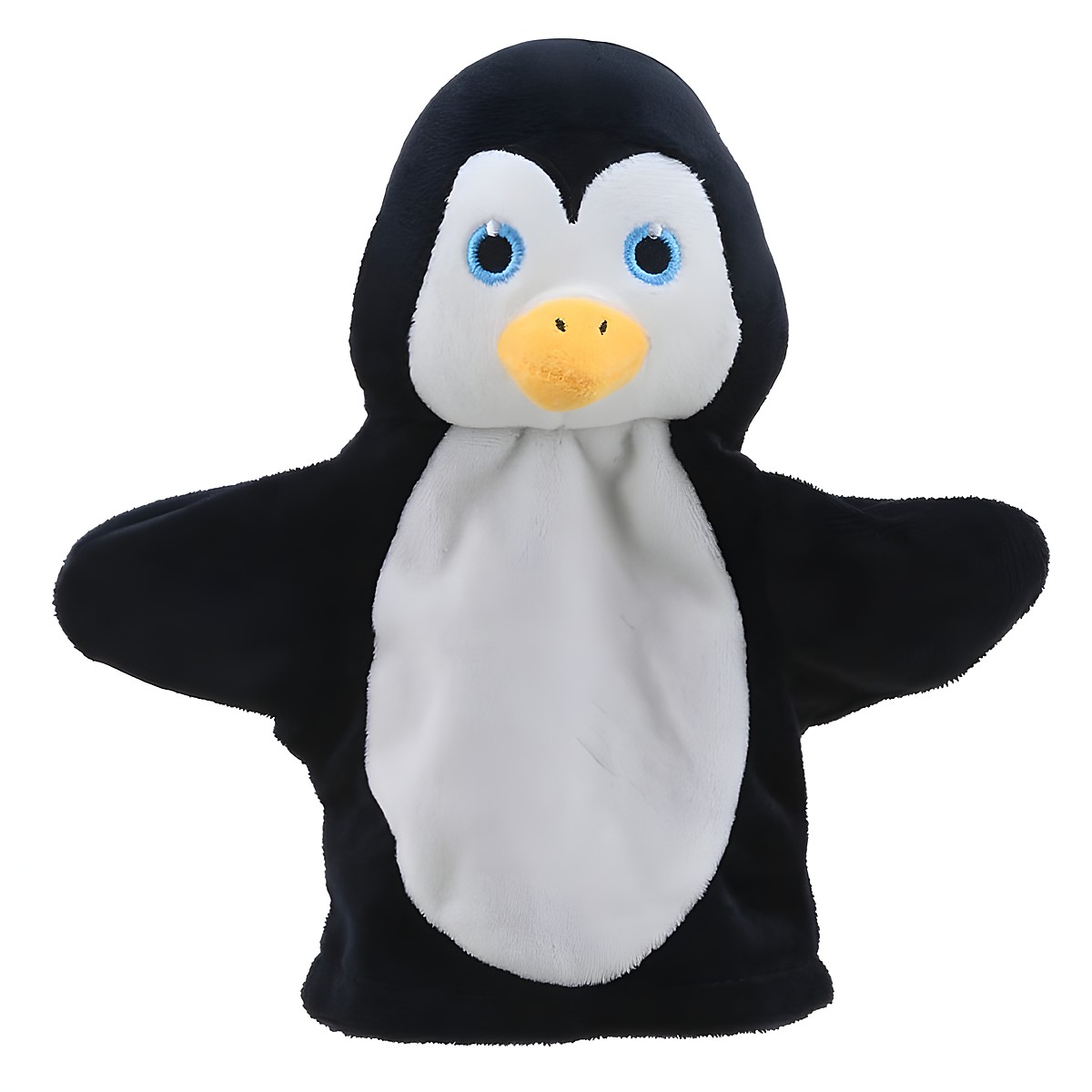 The Puppet Company Baby-Handpuppe Pinguin, schwarz-weiße Handpuppe mit blauen Augen und orangefarbenem Schnabel, Frontansicht