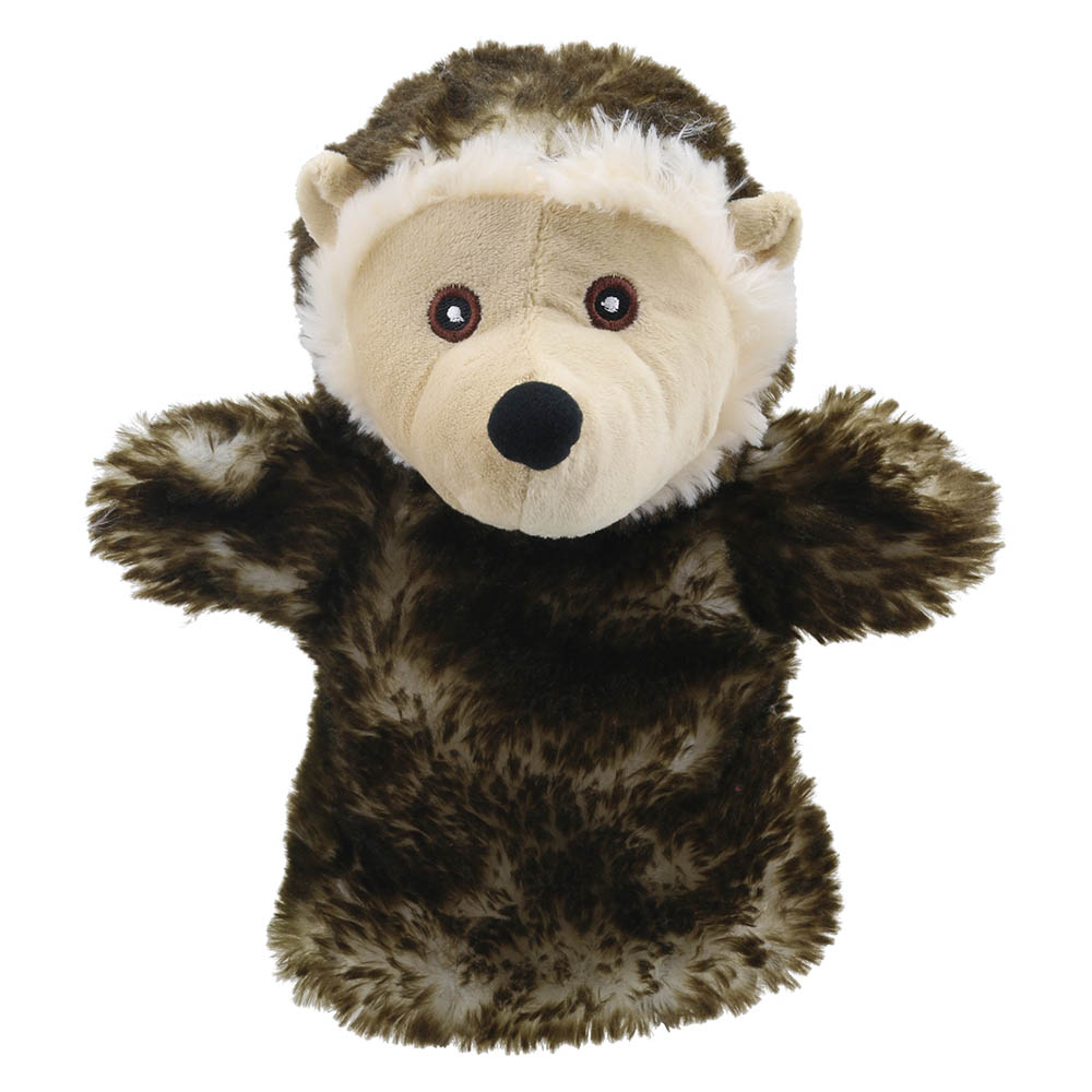 The Puppet Company Baby-Handpuppe Igel, braun-beige melierter Igel mit dunkler Schnauze, Frontansicht