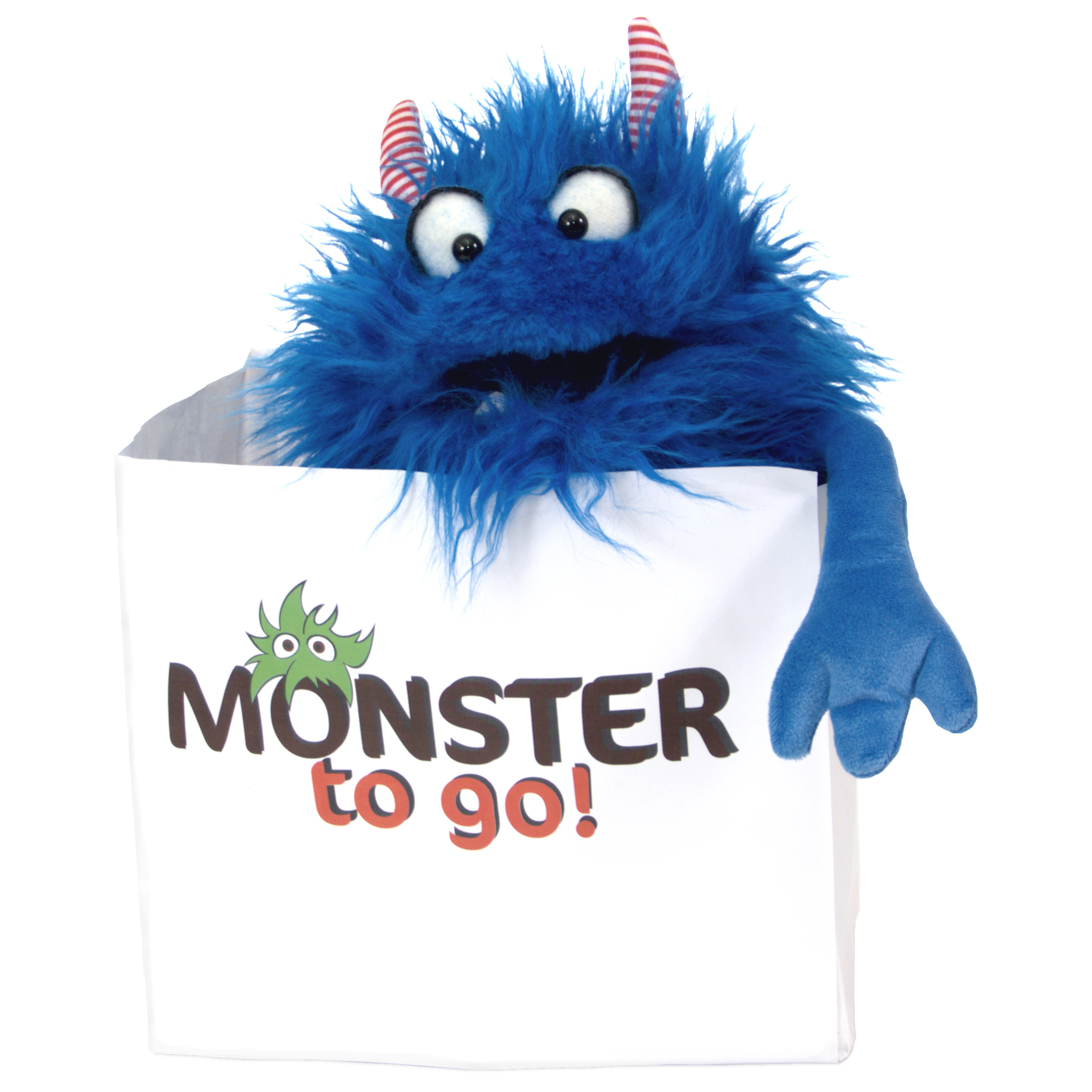 Living Puppets Handpuppe Schmackes, blaues Zottelmonster mit gestreiften Hörnern, lehnt mit dem Arm über dem Rand der Monster-to-go-Tüte
