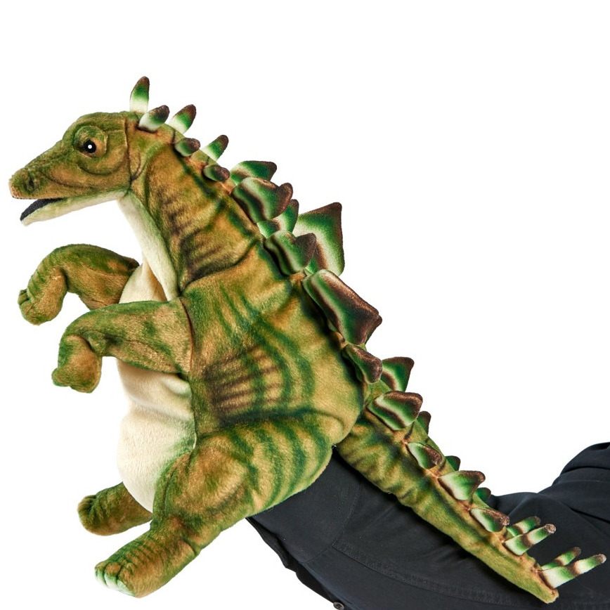 Stegosaurus Handpuppe von Hansa Creation in Grün mit gezackten Rückenplatten und hellem Bauch