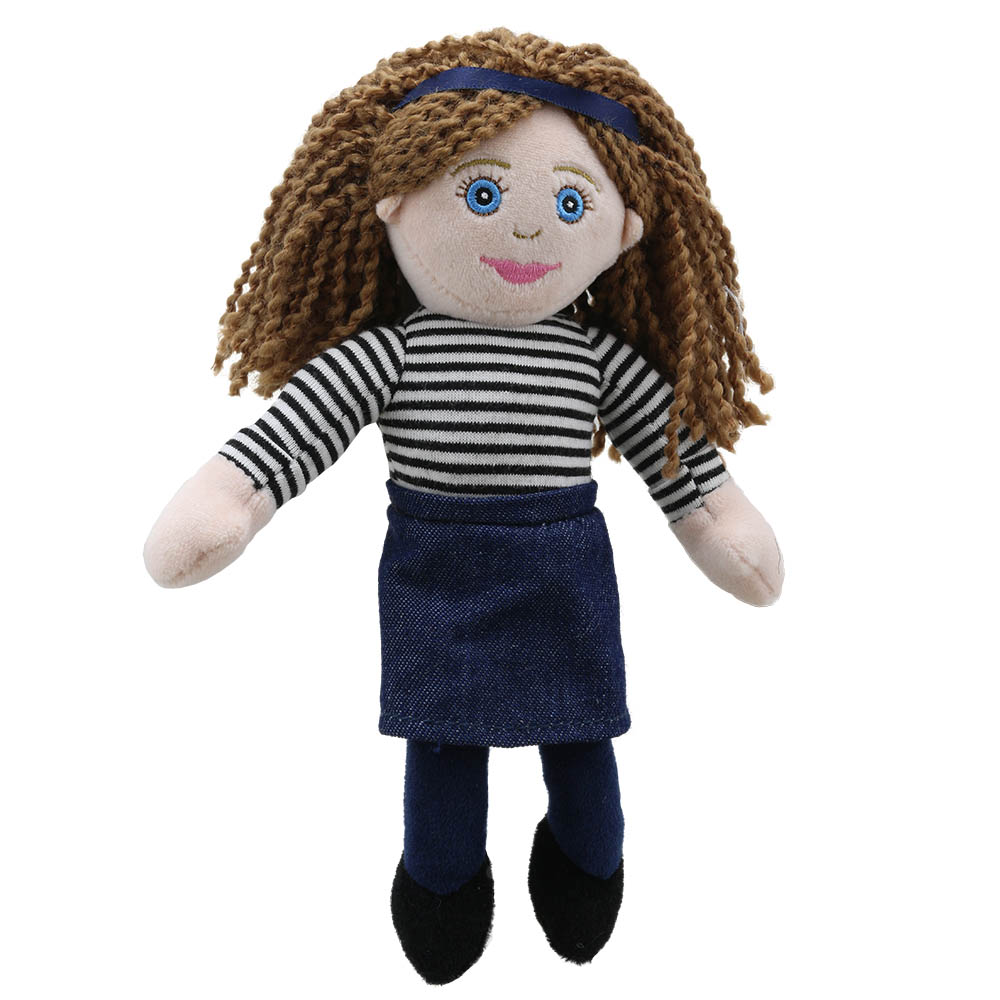The Puppet Company Fingerpuppe Mama, Puppe mit lockigem braunem Haar, gestreiftem Shirt und Jeansrock