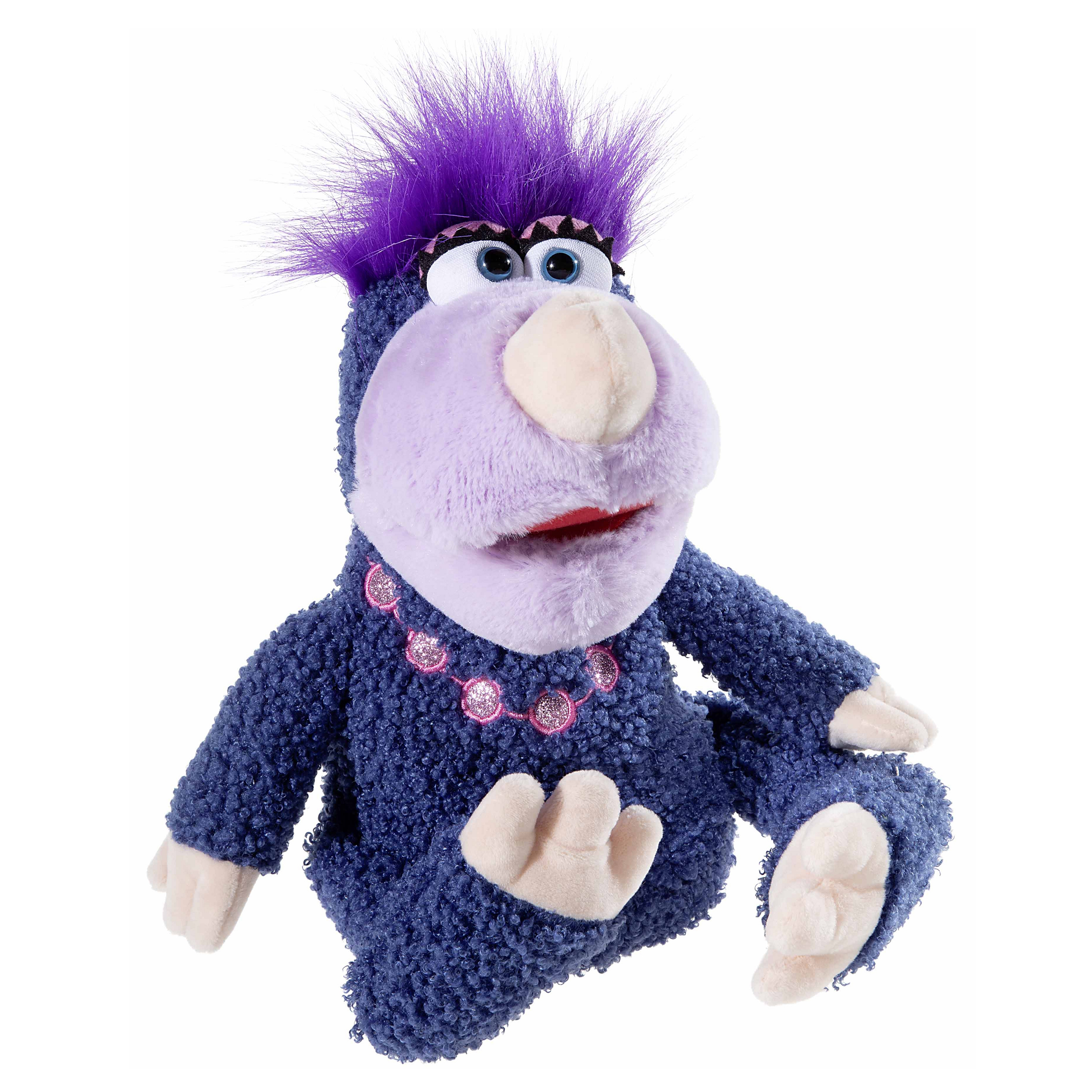 Heunec hand puppet Mauli the mole, purple plush character with pink face, spiky hair tuft and necklace