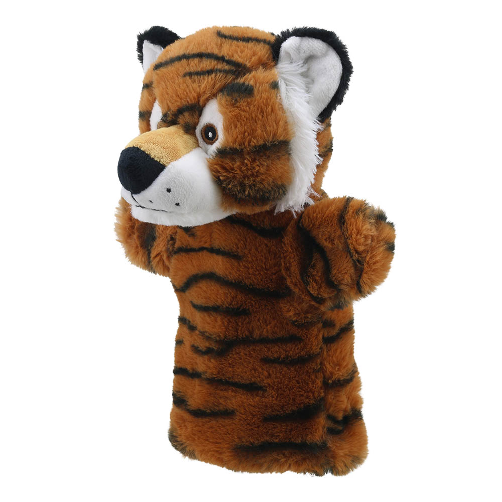 The Puppet Company Baby-Handpuppe Tiger, orangefarbener Tiger mit schwarzen Streifen, Nahaufnahme