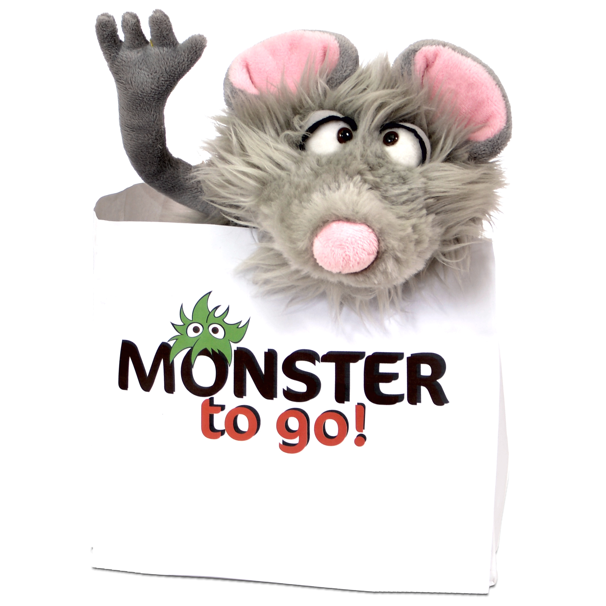 Living Puppets hand puppet Tüddel, grey shaggy mouse, waving from the Monster to go bag