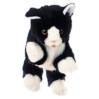 Living Puppets Handpuppe schwarz-weiße Katze mit weißer Schnauze, weißen Pfoten und bernsteinfarbenen Augen, Frontansicht