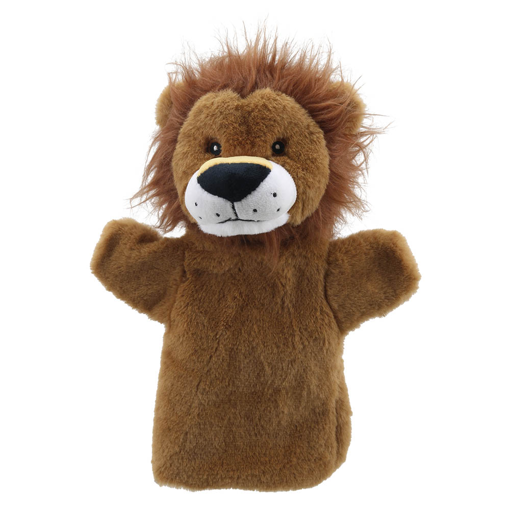 The Puppet Company Baby-Handpuppe Löwe, braune Handpuppe mit zottiger Mähne und weißer Schnauze, Frontansicht