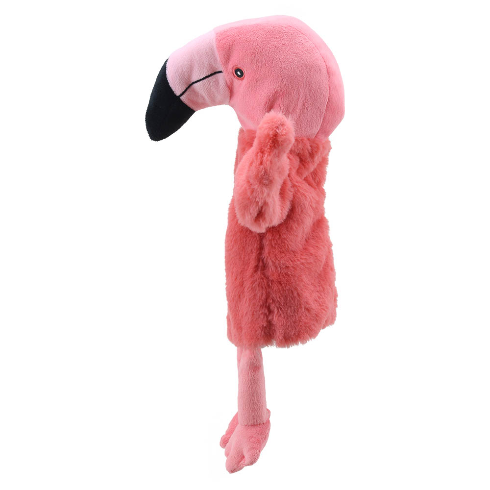 The Puppet Company Baby-Handpuppe Flamingo, Profilansicht mit erhobenem Flügel und schwarzem Schnabel
