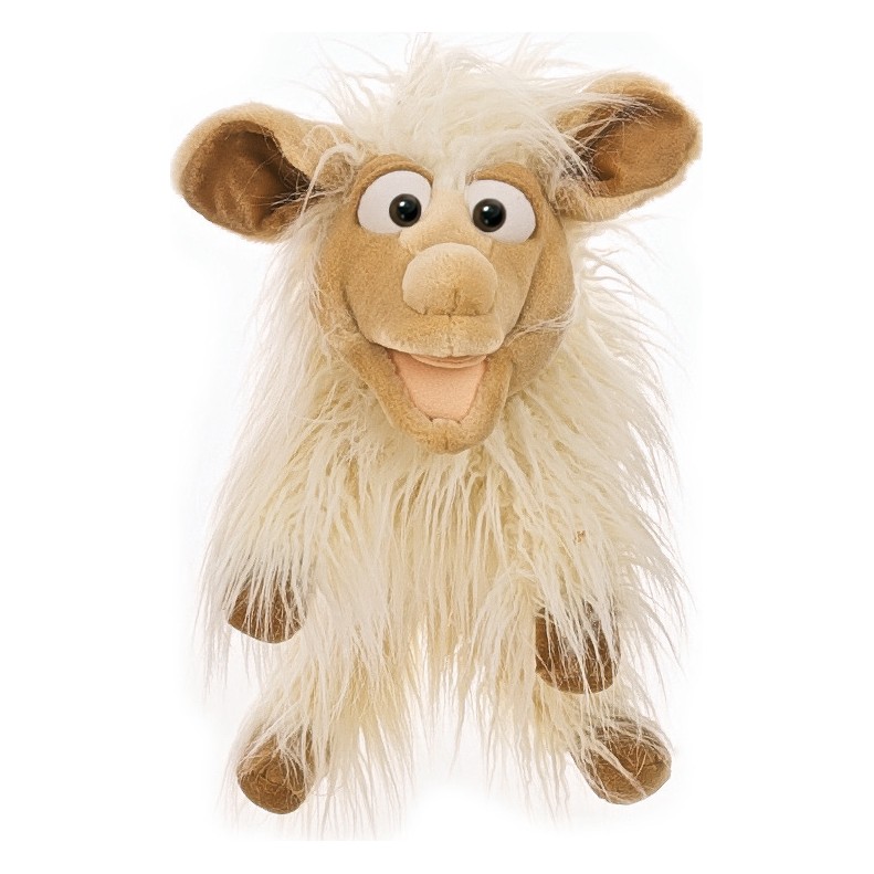 Living Puppets Handpuppe Lucy das Schaf mit langem cremefarbenem Zottelfell, braunen Ohren und Beinen und geöffnetem Mund