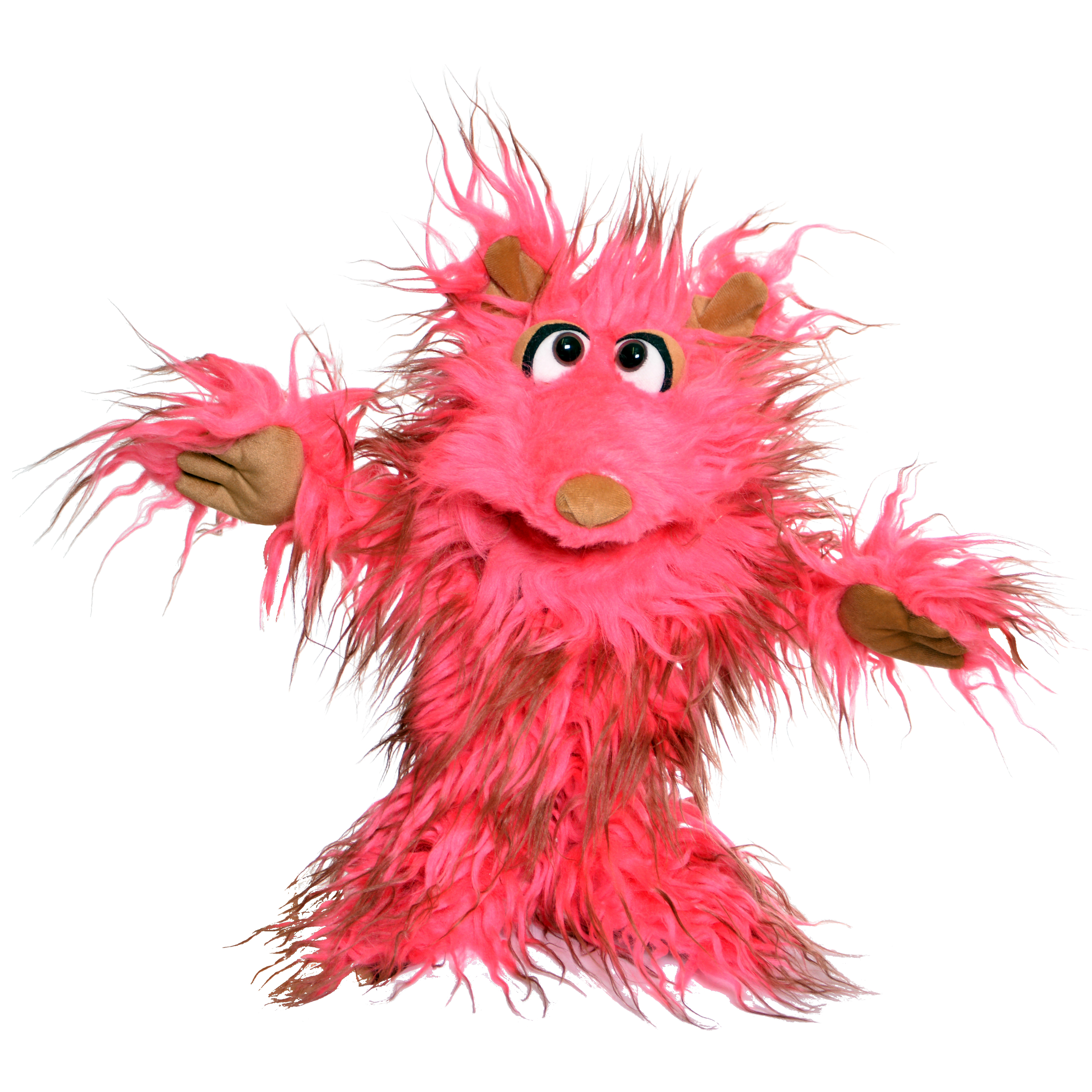 Living Puppets Handpuppe Klaus & Trude aus der Serie Monster to go, pinkes Zottelmonster mit braunen Ohren und ausgebreiteten Armen