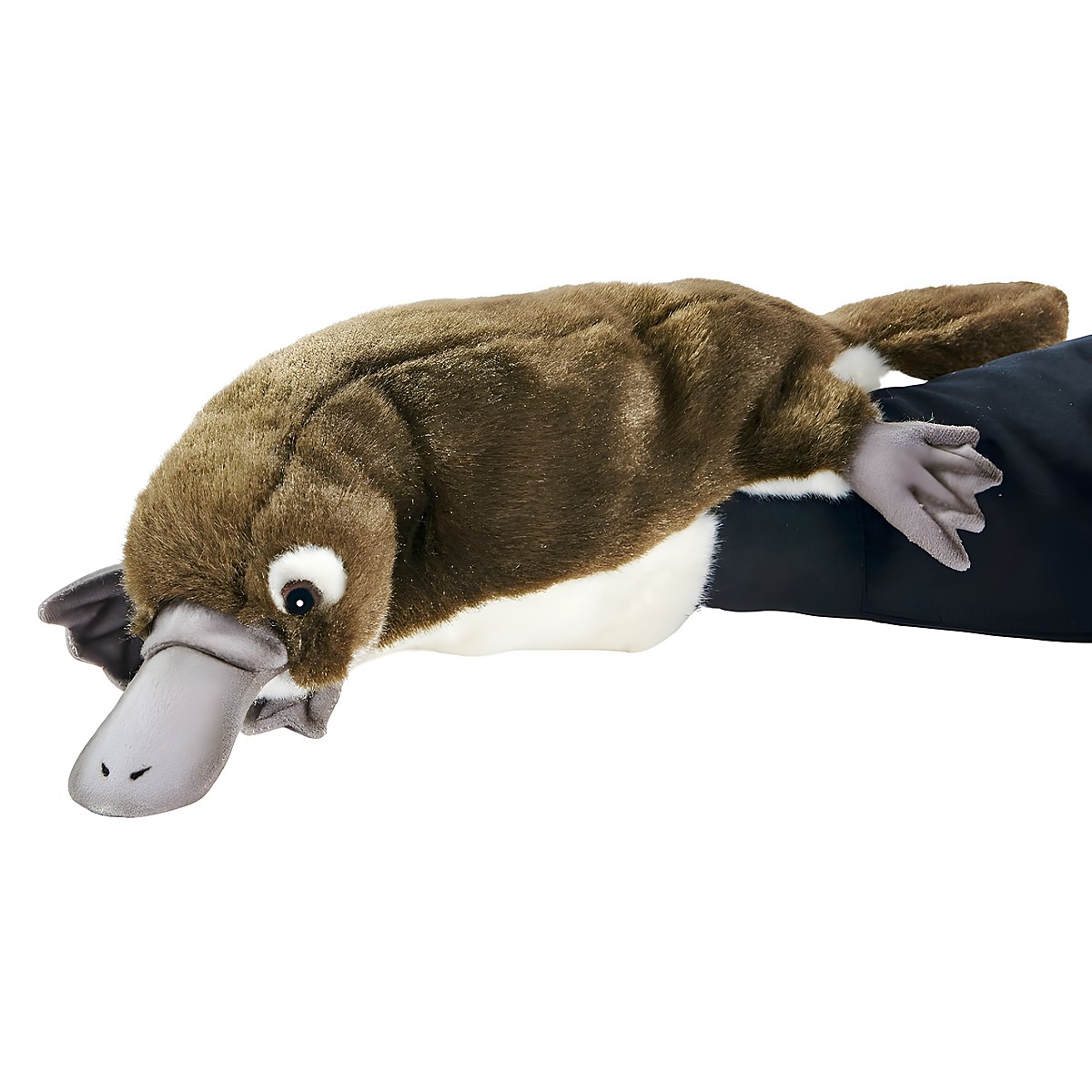 Platypus hand puppet by Hansa Creation with brown fur, a grey duck bill and webbed feet